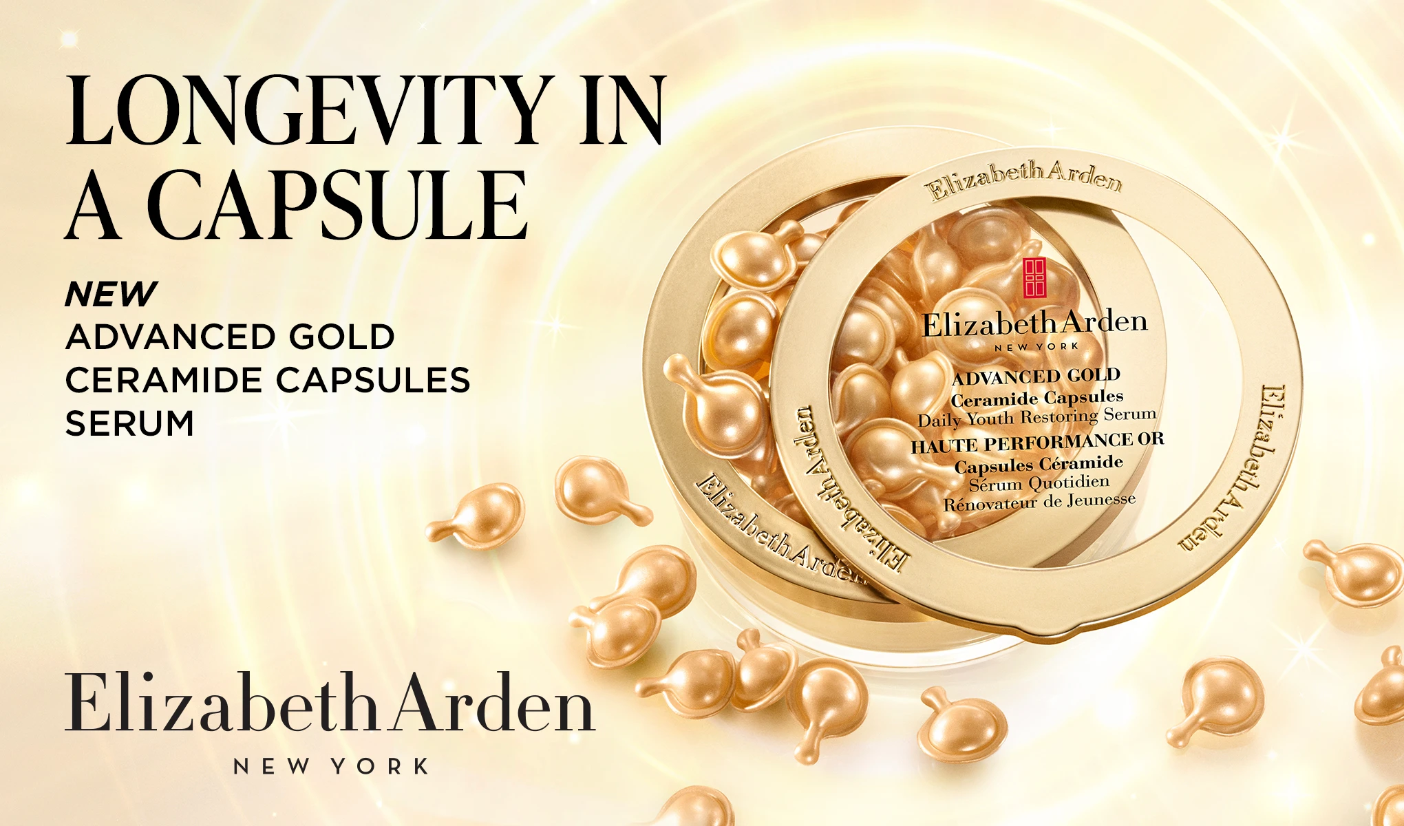 Elizabeth Arden Advanced Gold Ceramide Capsules -seerumikapseleita kultaisessa pakkauksessa. Teksti: ”Longevity in a capsule. New Advanced Gold Ceramide Capsules Serum.”