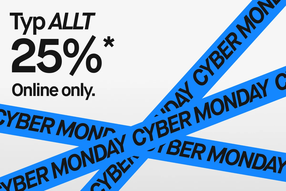 Bild som visar en reklam för en kampanj med 25% rabatt på nästan alla produkter under Cyber Monday. Texten "Typ ALLT 25% Member DEAL" och "Online only." är synliga. Blå band med texten "CYBER MONDAY" korsar bilden och en röd cirkel med texten "GRAND FINALE" är också synlig. Bakgrunden är grå.