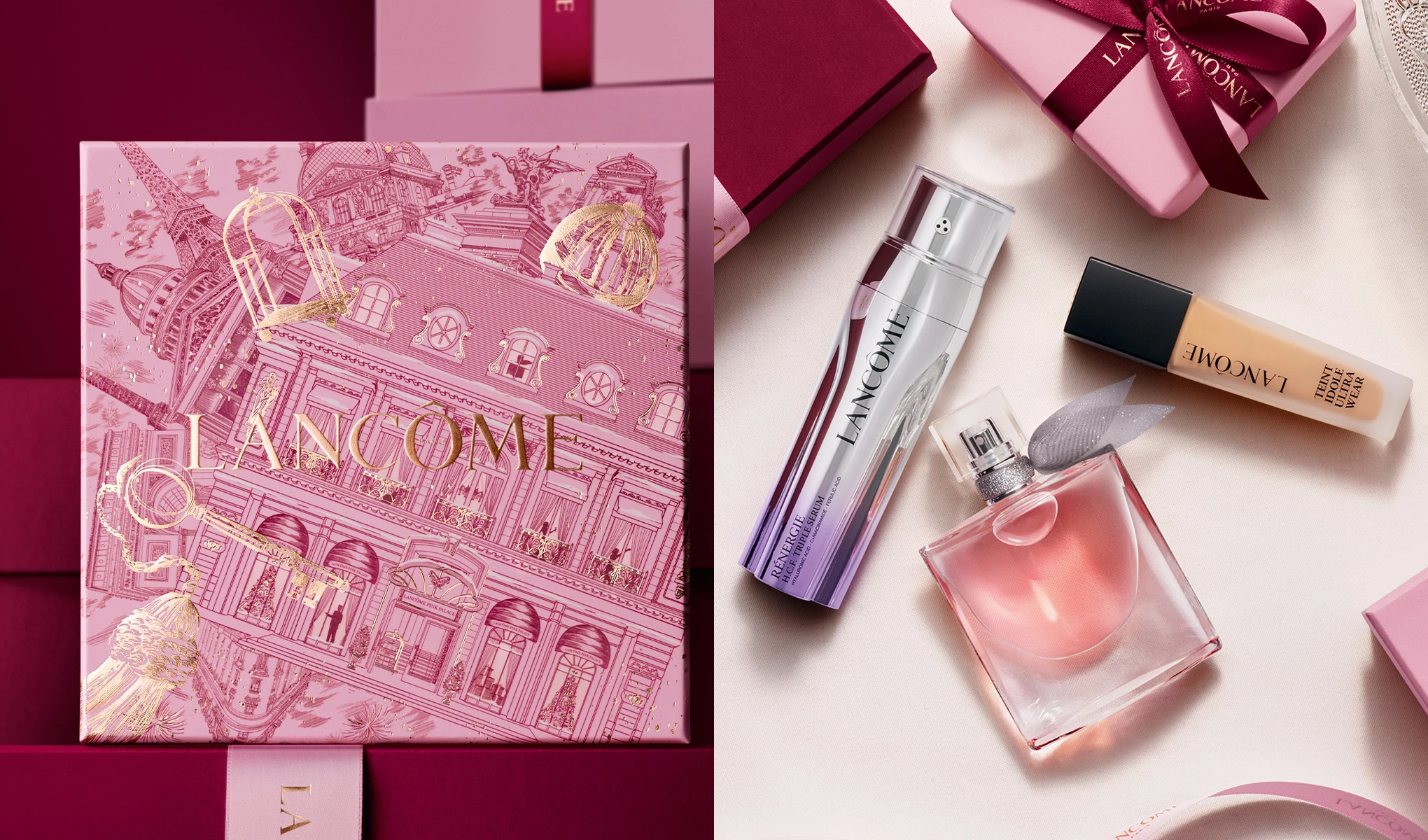 Lancôme-produkter: Paris-motiv gaveeske, Rénergie Triple Serum, Teint Idole foundation og parfymeflaske.