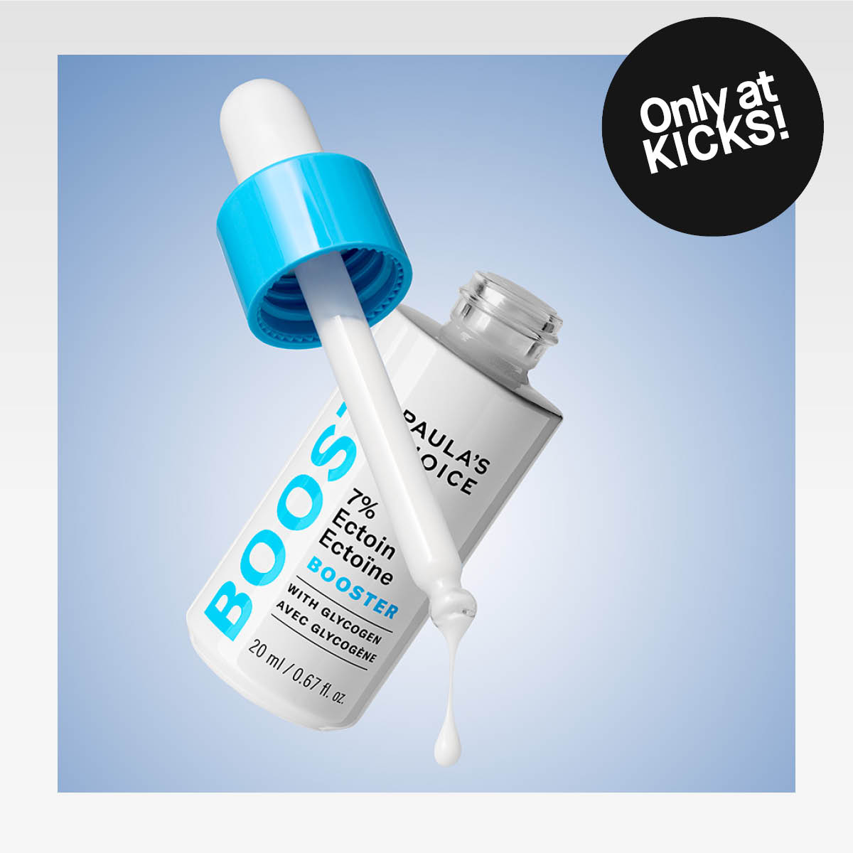 Paula's Choice-märke, 7% Ectoin Booster-serum, blå kork och pipett. Flaskan har texten "BOOST" och innehåller 20 ml produkt.