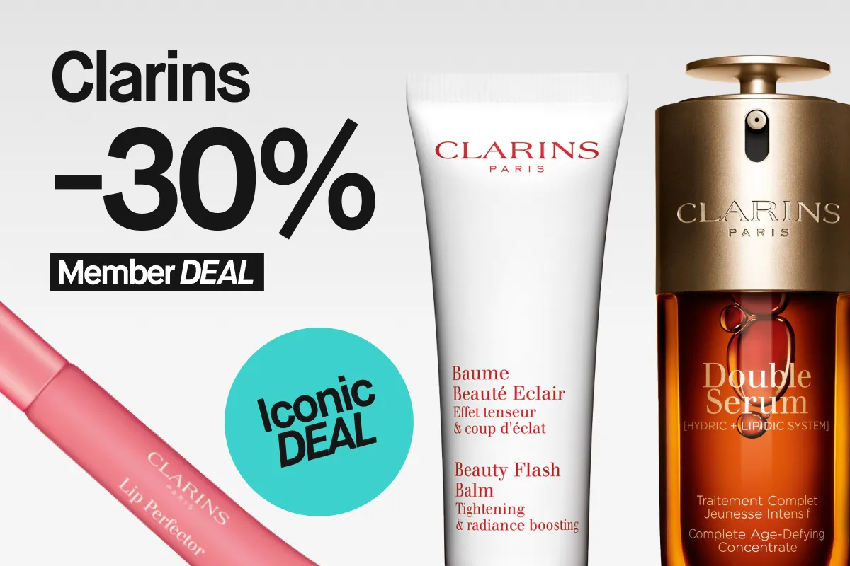 Kampanjakuva, jossa näkyy Clarinsin ihonhoitotuotteet 30% alennuksella jäsenille. Tuotteisiin kuuluu Beauty Flash Balm, Double Serum ja Lip Perfector. Turkkoosi ympyrä tekstillä "Iconic DEAL" osoittaa, että nämä ovat Clarinsin ikonisia tuotteita.