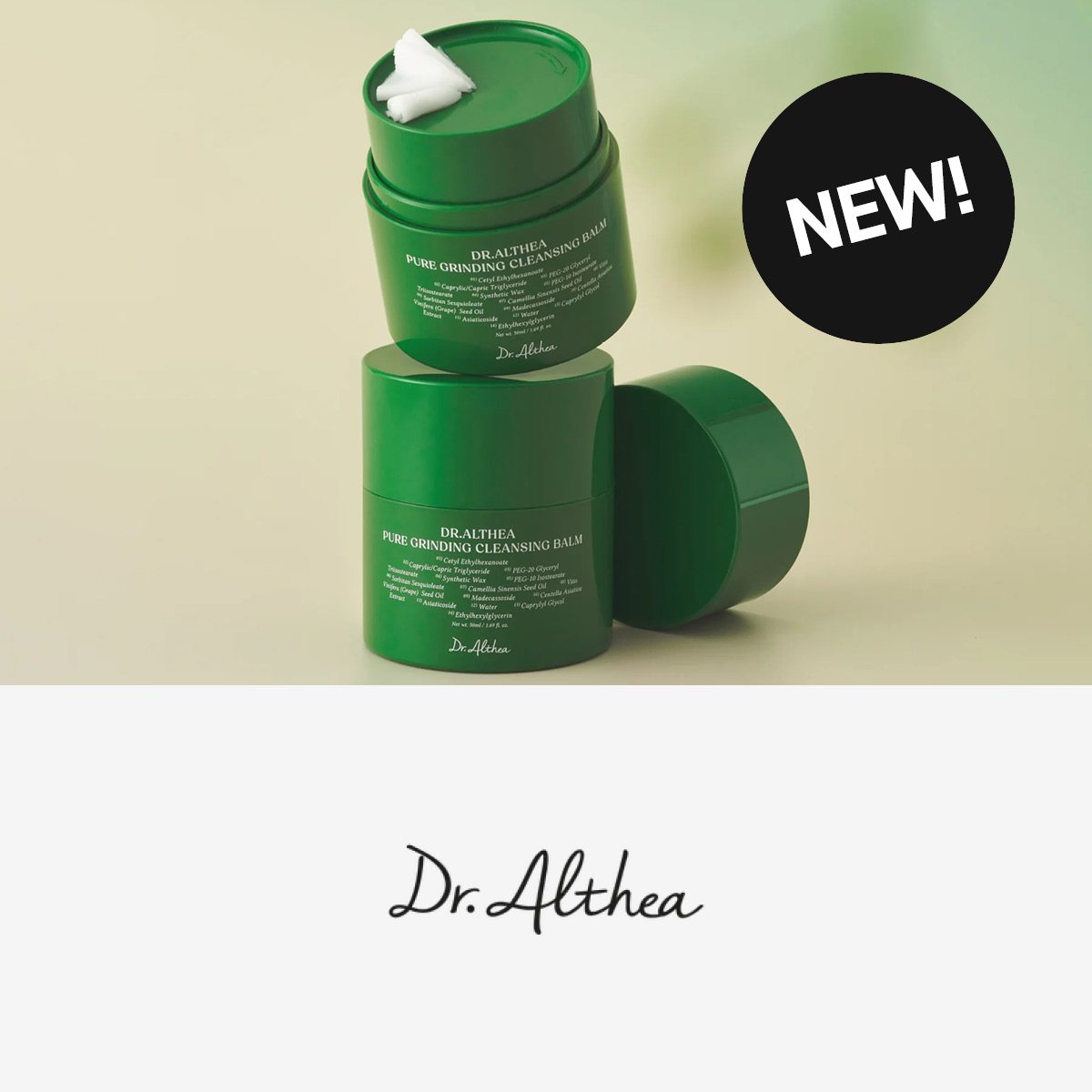 Dr. Althea Pure Grinding Cleansing Balm -puhdistusbalmi vihreissä purkeissa.