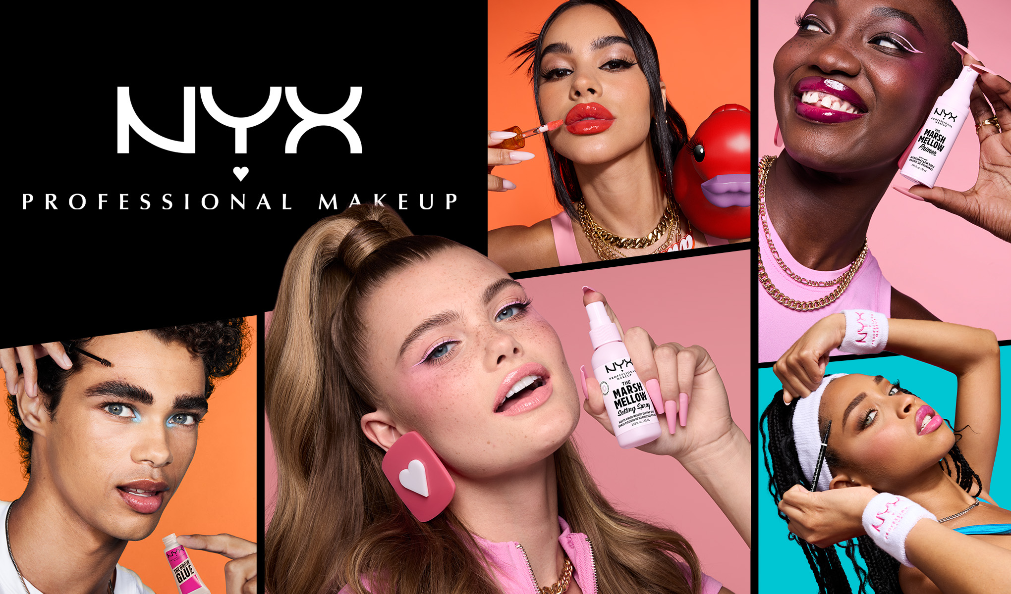 Useat ihmiset käyttävät eri NYX Professional Makeup -tuotteita. Taustalla on värikkäitä oranssin, vaaleanpunaisen ja sinisen sävyjä. Teksti ”NYX Professional Makeup” näkyy valkoisena mustalla taustalla.