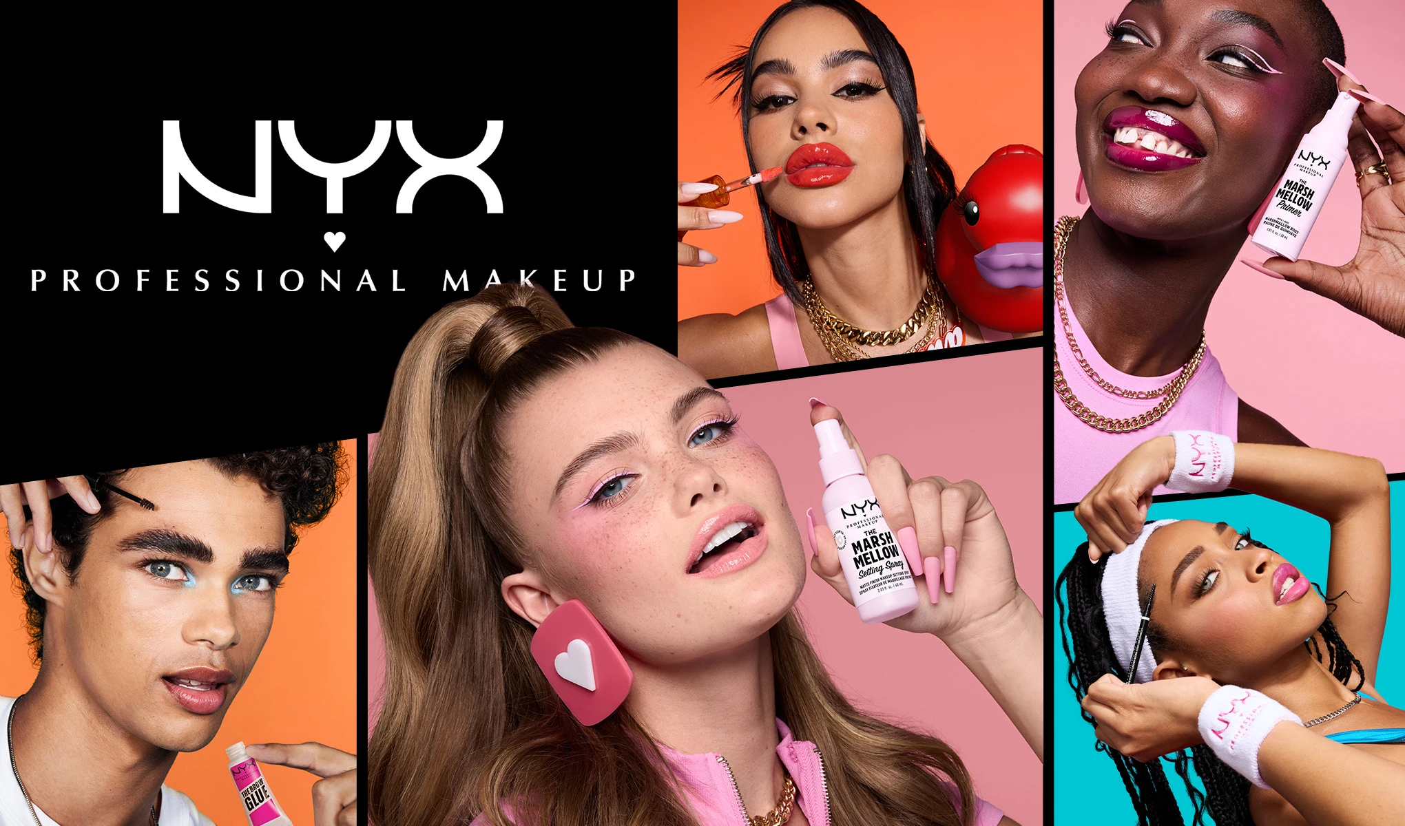 Useat ihmiset käyttävät eri NYX Professional Makeup -tuotteita. Taustalla on värikkäitä oranssin, vaaleanpunaisen ja sinisen sävyjä. Teksti ”NYX Professional Makeup” näkyy valkoisena mustalla taustalla.