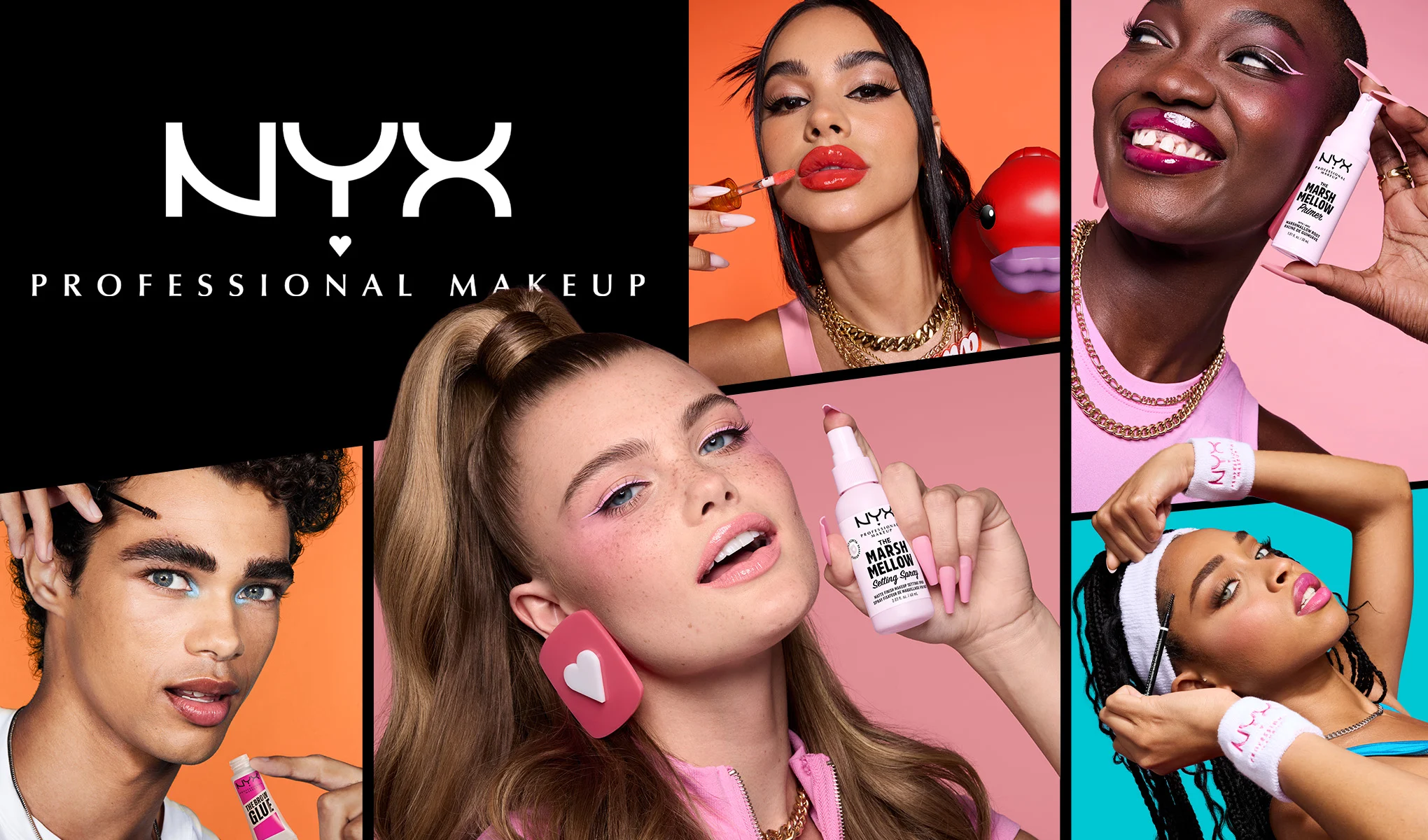 Useat ihmiset käyttävät eri NYX Professional Makeup -tuotteita. Taustalla on värikkäitä oranssin, vaaleanpunaisen ja sinisen sävyjä. Teksti ”NYX Professional Makeup” näkyy valkoisena mustalla taustalla.