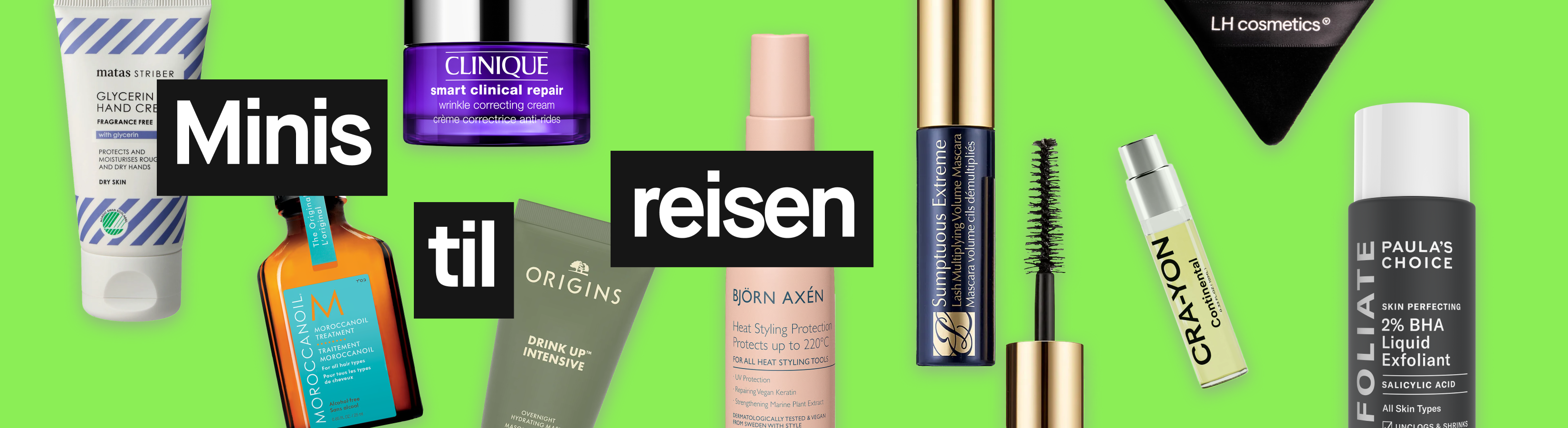 Skjønnhetsprodukter i reisestørrelse mot grønn bakgrunn med teksten “Minis till resan”, som Matas Striber Glycerin Hand Cream, Clinique Smart Clinical Repair, Moroccanoil Treatment, Origins Drink Up Intensive, Björn Axén Heat Styling Protection, Estée Lauder mascara, Crayon Continental og Paula’s Choice 2% BHA Liquid Exfoliant.