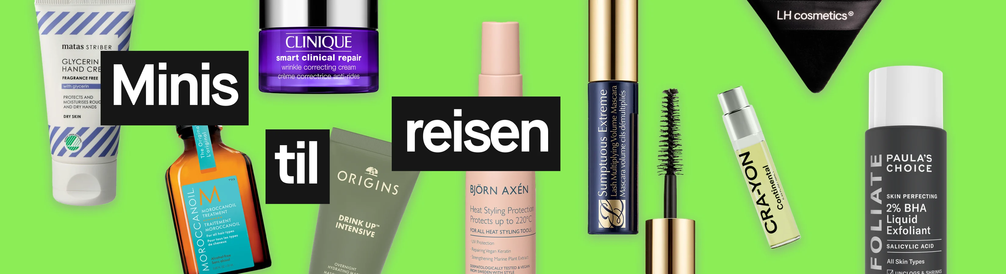 Skjønnhetsprodukter i reisestørrelse mot grønn bakgrunn med teksten “Minis till resan”, som Matas Striber Glycerin Hand Cream, Clinique Smart Clinical Repair, Moroccanoil Treatment, Origins Drink Up Intensive, Björn Axén Heat Styling Protection, Estée Lauder mascara, Crayon Continental og Paula’s Choice 2% BHA Liquid Exfoliant.