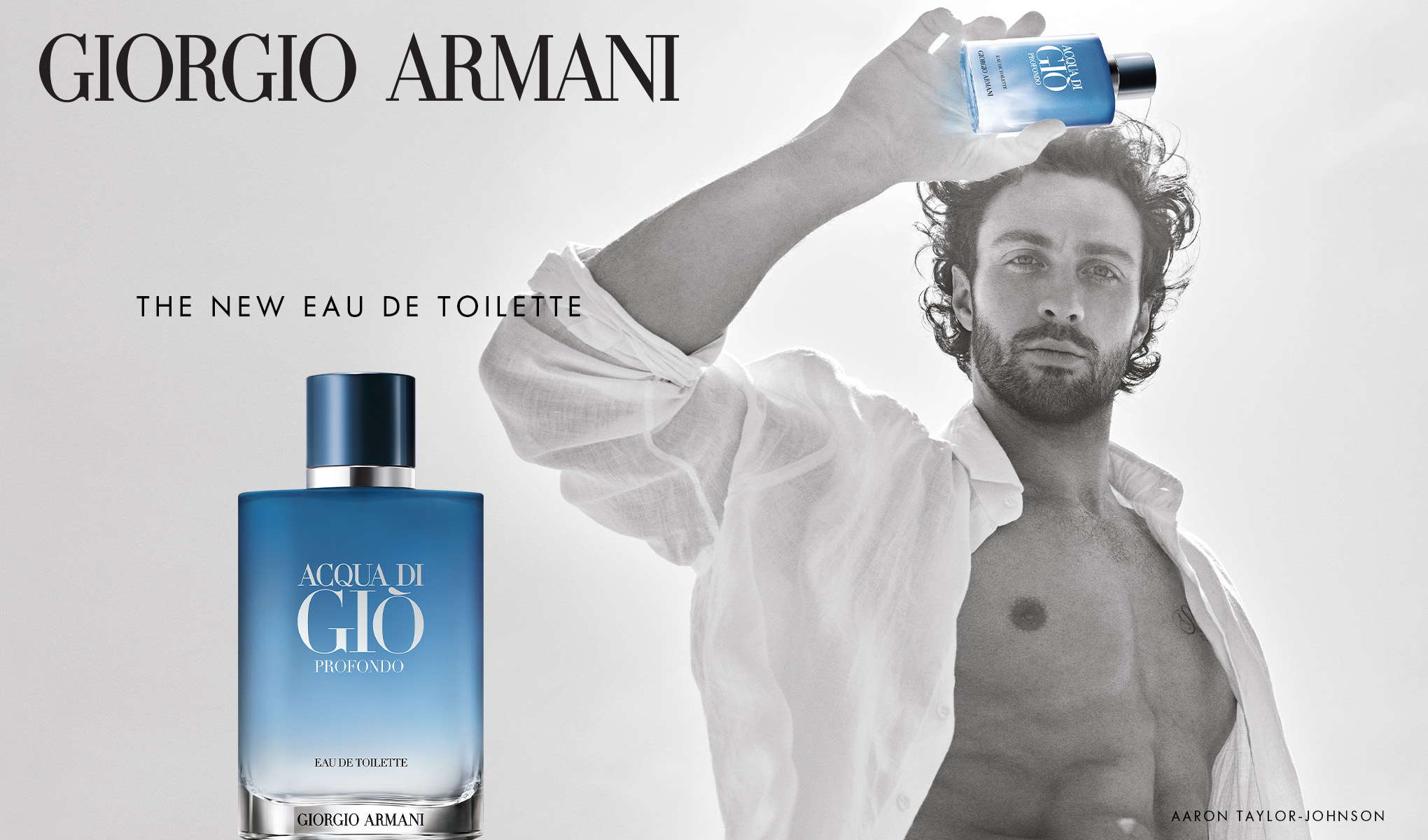 Giorgio Armani Acqua di Giò Profondo - uusi eau de toilette. Kuvassa näkyy sininen pullo, joka sisältää raikkaan ja merellisen tuoksun. Aaron Taylor-Johnson esittelee tuotteen.