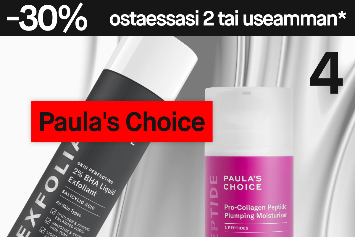 Mainoskuva, jossa 30 % alennus kahden Paula’s Choice -tuotteen ostosta. Kuvassa musta Skin Perfecting 2% BHA -kuorintaneste ja vaaleanpunainen Pro-Collagen Peptide -voide hopeisella taustalla.