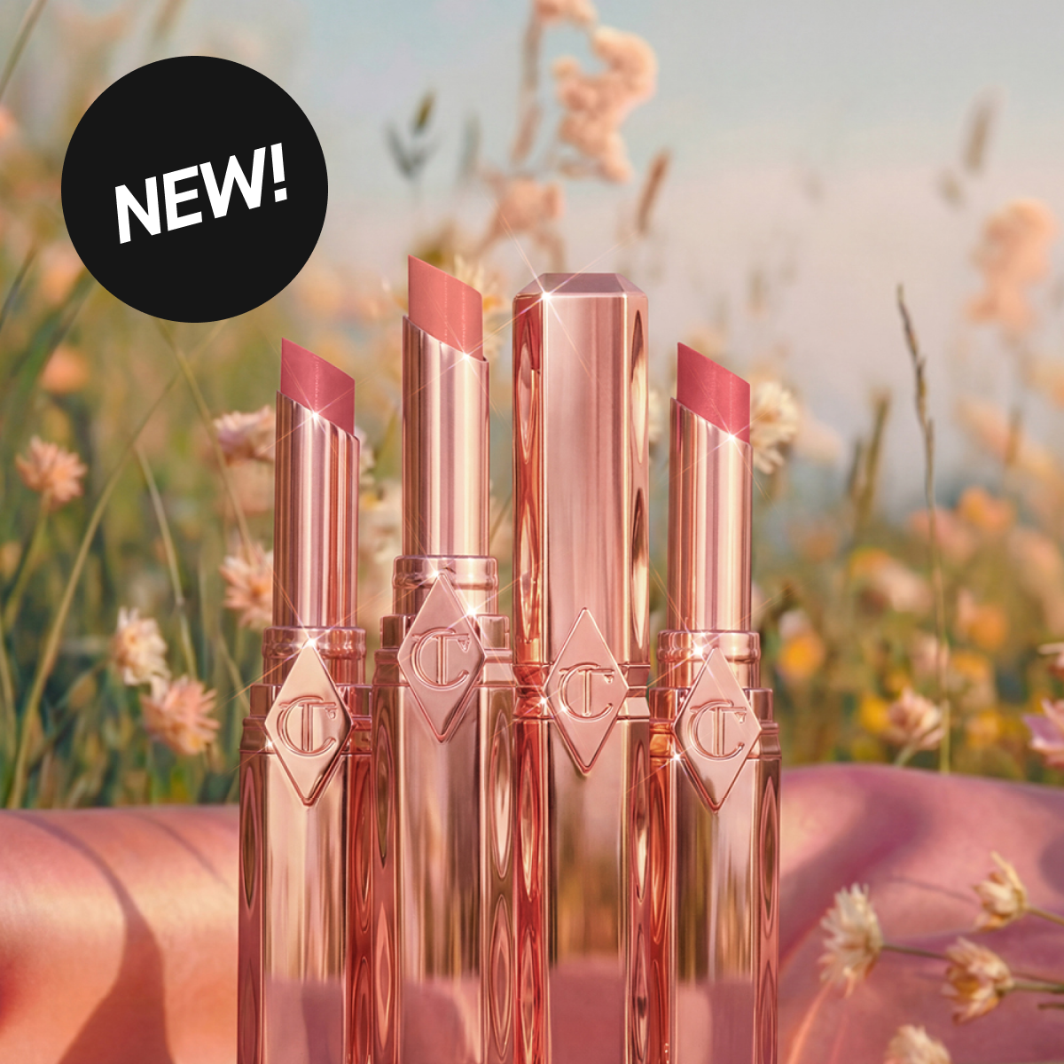 Charlotte Tilbury -huulipunia kukkivassa ympäristössä, teksti “Uutuus”.