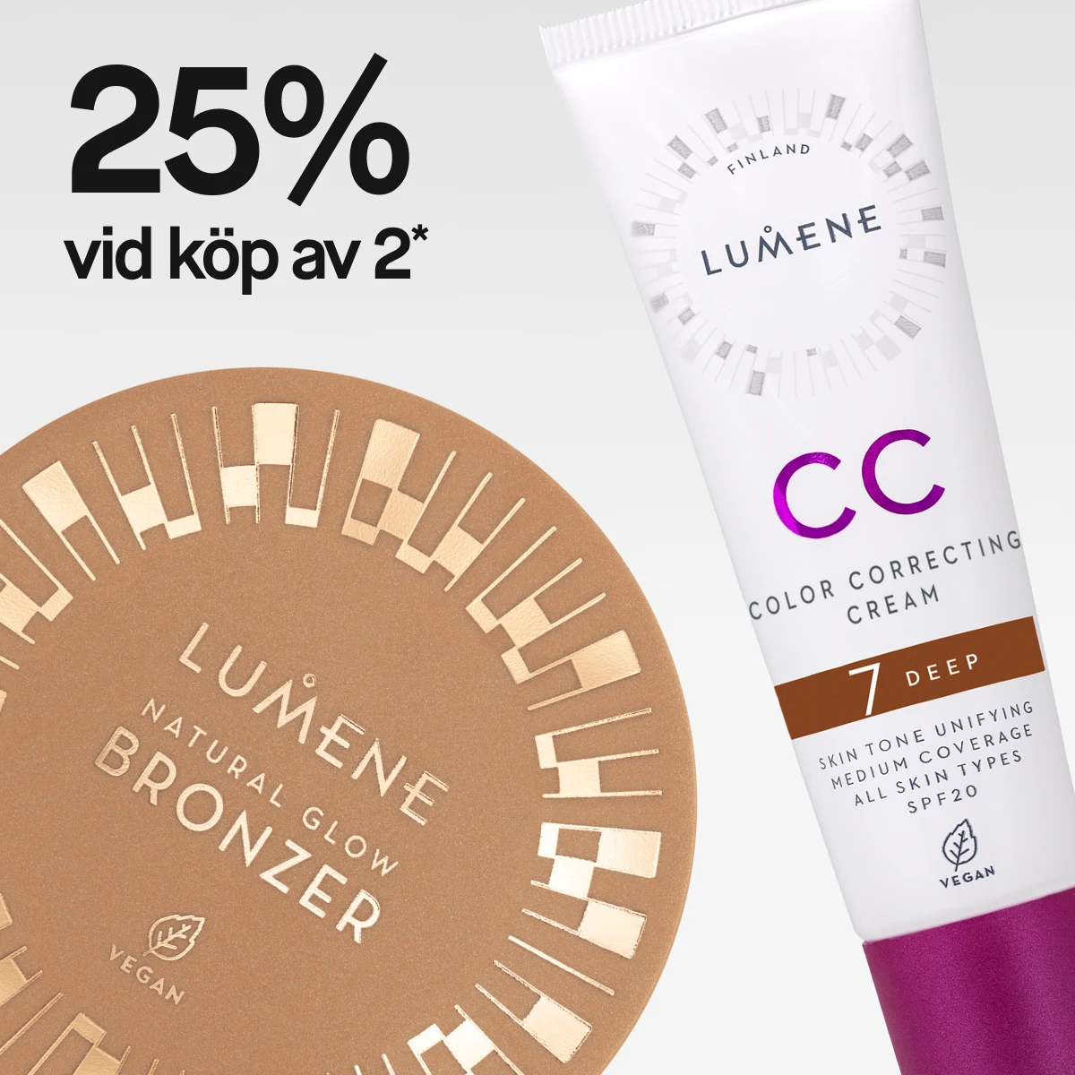 Bild som visar två Lumene produkter: en brun burk med Lumene Natural Glow Bronzer och en vit tub med Lumene CC Color Correcting Cream. Texten "25% vid köp av 2*" är synlig. Bakgrunden är vit.