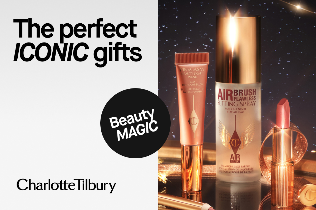 "Charlotte Tilbury skönhetsprodukter, inklusive Pinkgasm Beauty Light Wand, Airbrush Flawless Setting Spray och ett läppstift. Texten säger 'The perfect ICONIC gifts' och 'Beauty MAGIC'."