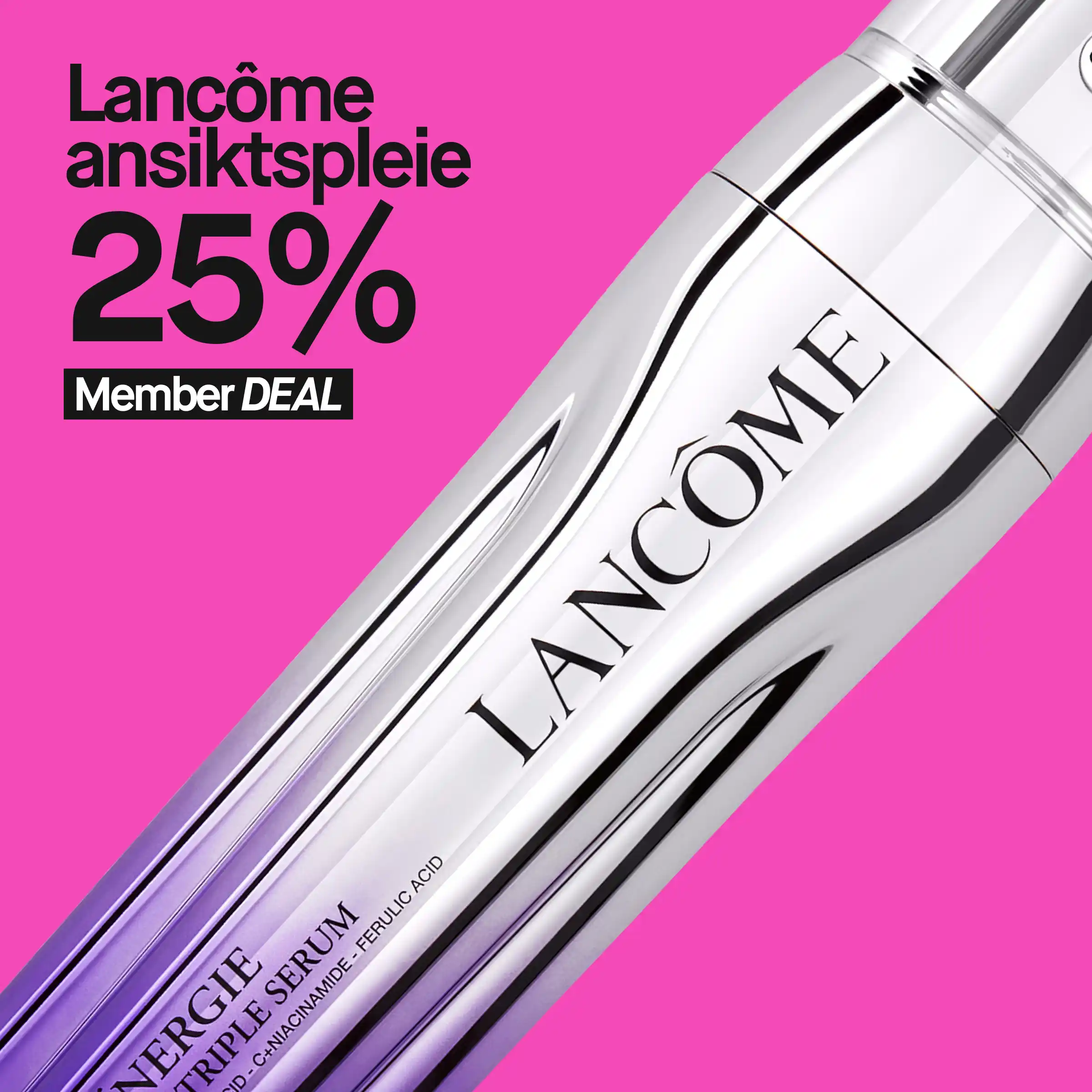 25% på lancome ansiktspleie, lilla lancome serum mot rosa bakgrunn