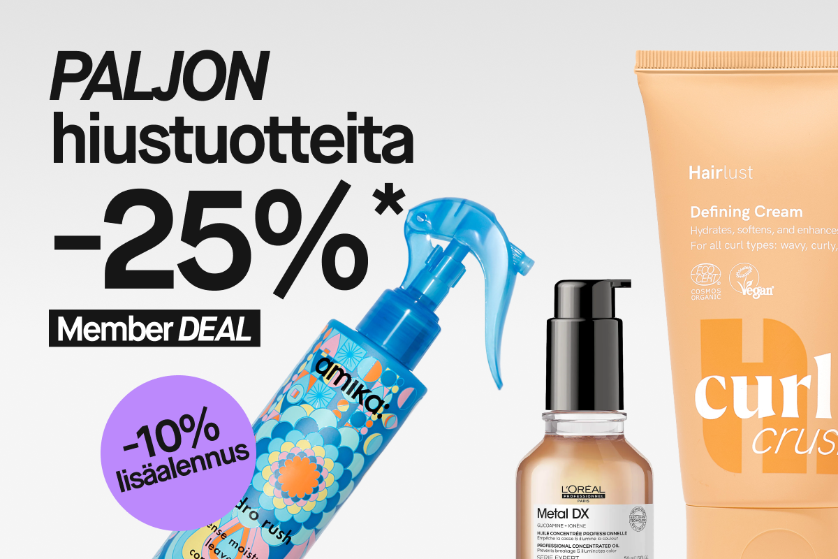 Kampanjakuva, jossa teksti ”Massor av hårprodukter 25%” ja ”Member DEAL”. Kuvassa useita hiustuotteita, kuten sininen Amika-suihkepullo, oranssi Curl Crush -tuubi Hairlustilta, vihreä Björn Axén -pullo ja pieni lasinen hiustuotepullo. Vaaleanpunainen ympyrä, jossa teksti ”Hair MAGIC”.