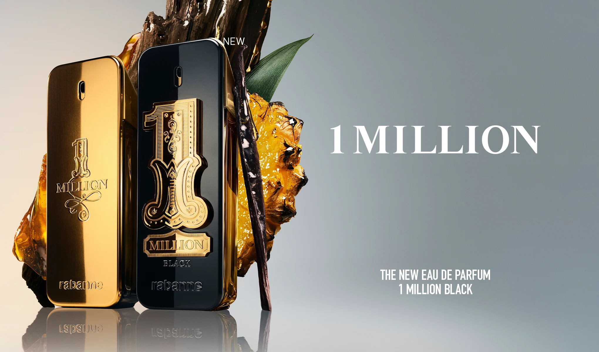 Rabanne 1 Million-parfymer vises med en gullfarget 1 Million og en svart 1 Million Black foran vaniljestenger, gyllen harpiks og et grønt blad. Synlig tekst: "NEW", "1 MILLION", "THE NEW EAU DE PARFUM 1 MILLION BLACK", "BLACK" og "rabanne".