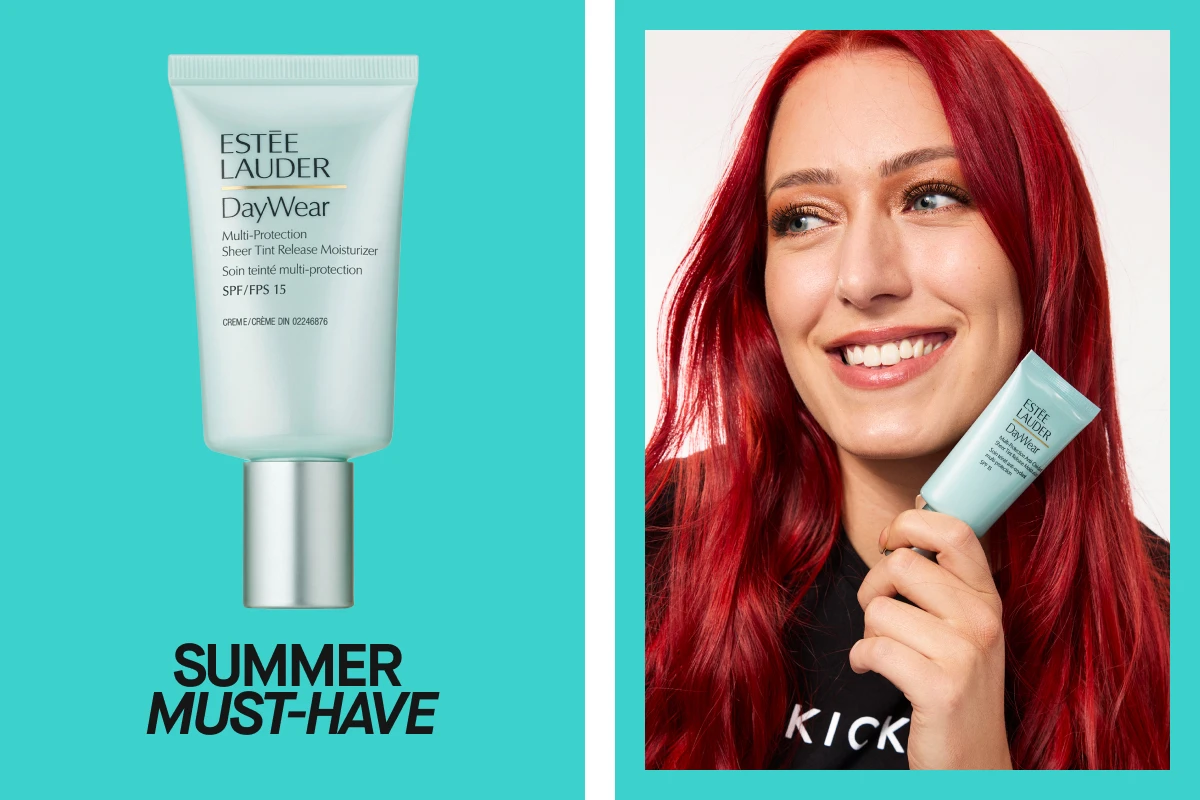 Kuva Estée Lauder DayWear Multi-Protection Sheer Tint Release Moisturizer -kosteusvoiteesta ja henkilöstä, joka pitää voidetta kädessään. Teksti "SUMMER MUST-HAVE".