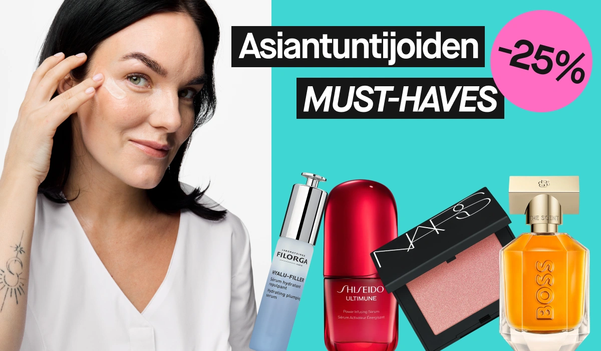 Henkilö levittää ihonhoitovoidetta silmän alle vaaleaa taustaa vasten. Vieressä näkyvät Filorgan, Shiseidon, NARSin ja Hugo Bossin tuotteet sekä teksti ”Experternas MUST-HAVES” ja vaaleanpunainen ympyrä, jossa lukee ”25%”. Näkyvä tuoteteksti sisältää ”HYAL-FILLER”, ”SHISEIDO ULTIMUNE”, ”NARS”, ”BOSS” ja ”THE SCENT”.