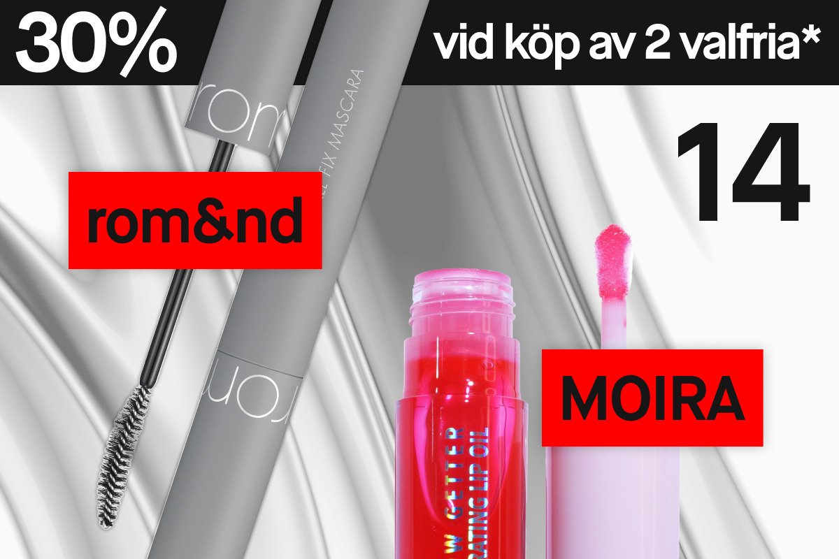 En grå mascara och ett rosa läppglans med applikator från rom&nd och Moira mot ljus bakgrund.