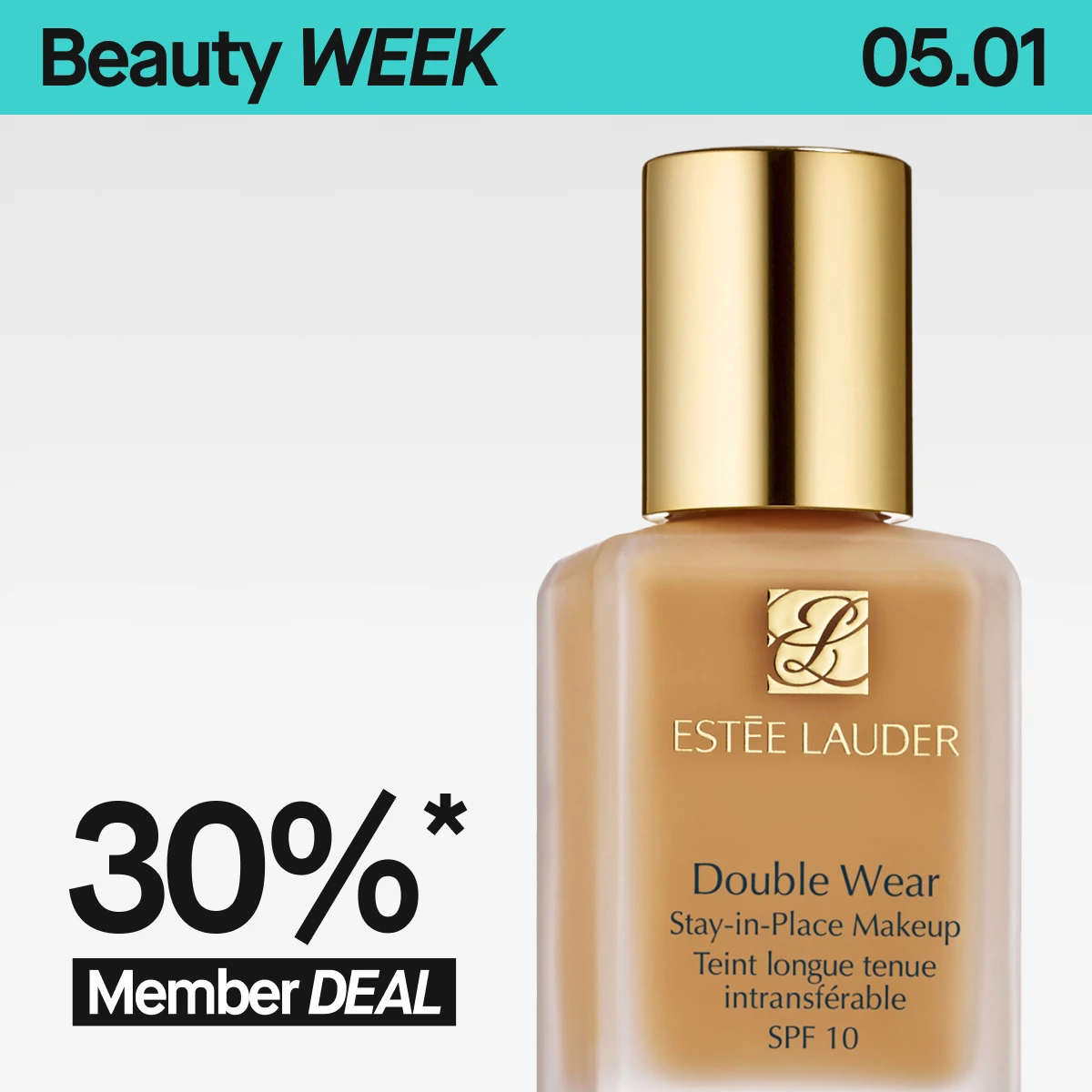 “Estée Lauder Double Wear-foundation ved siden av kampanjetekst på lys bakgrunn.”