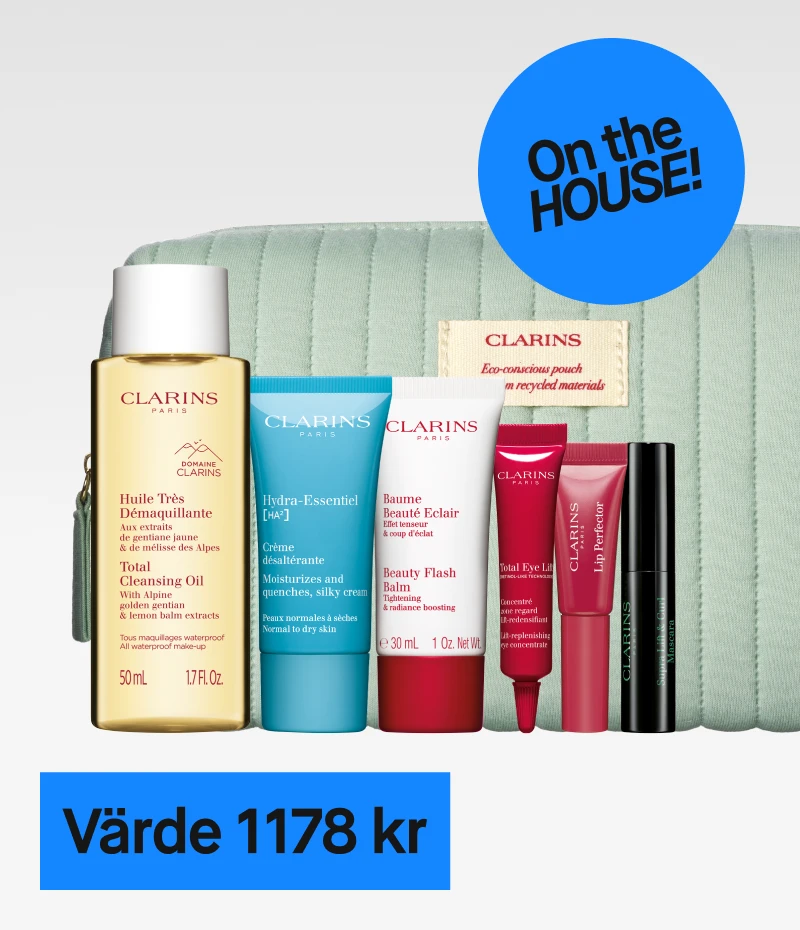 Clarins Skincare Set med flera hudvårdsprodukter, inklusive Total Cleansing Oil, Hydra-Essentiel [HA²] Cream, Beauty Flash Balm, Total Eye Lift och Lip Perfector, med ett värde av 1178 kr. Gratis för medlemmar.