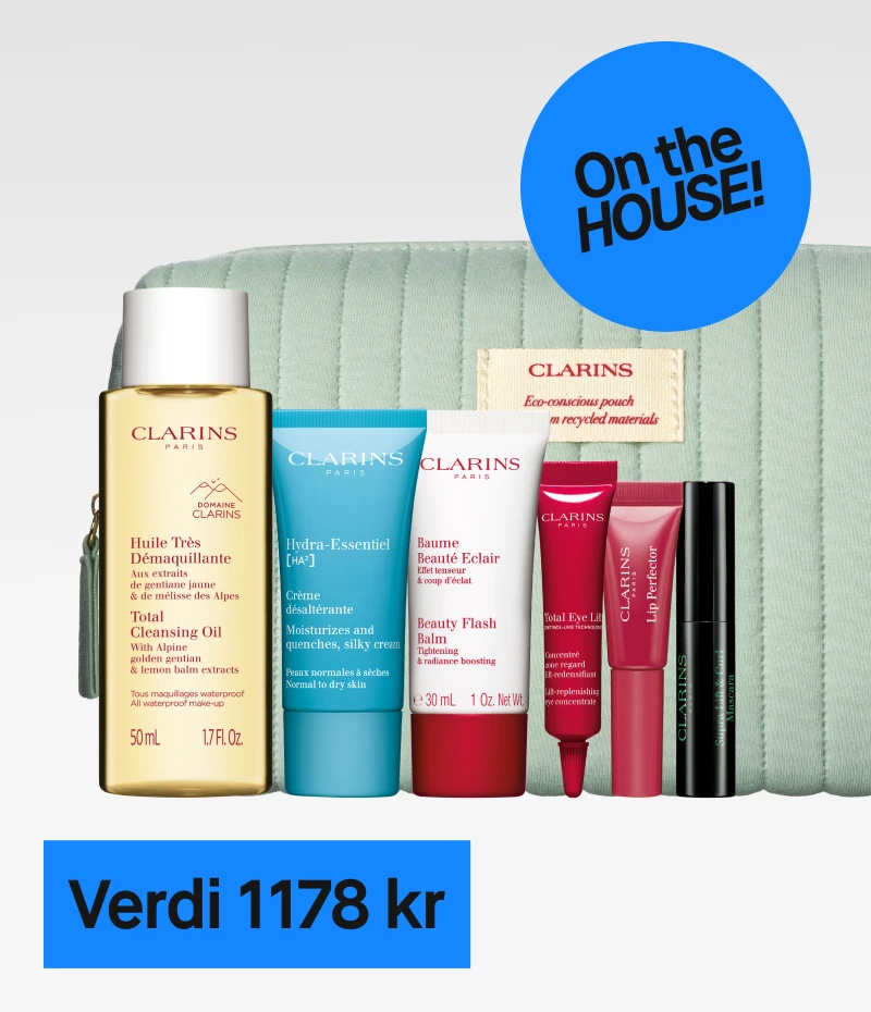 Clarins Skincare Set med flere hudpleieprodukter, inkludert Total Cleansing Oil, Hydra-Essentiel [HA²] Cream, Beauty Flash Balm, Total Eye Lift og Lip Perfector, med en verdi av 1178 kr. Gratis for medlemmer.