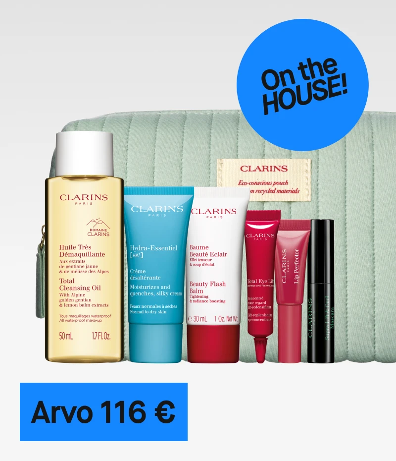 Clarins Skincare Set, joka sisältää useita ihonhoitotuotteita, mukaan lukien Total Cleansing Oil, Hydra-Essentiel [HA²] Cream, Beauty Flash Balm, Total Eye Lift ja Lip Perfector, arvo 1178 kr. Ilmaiseksi jäsenille.