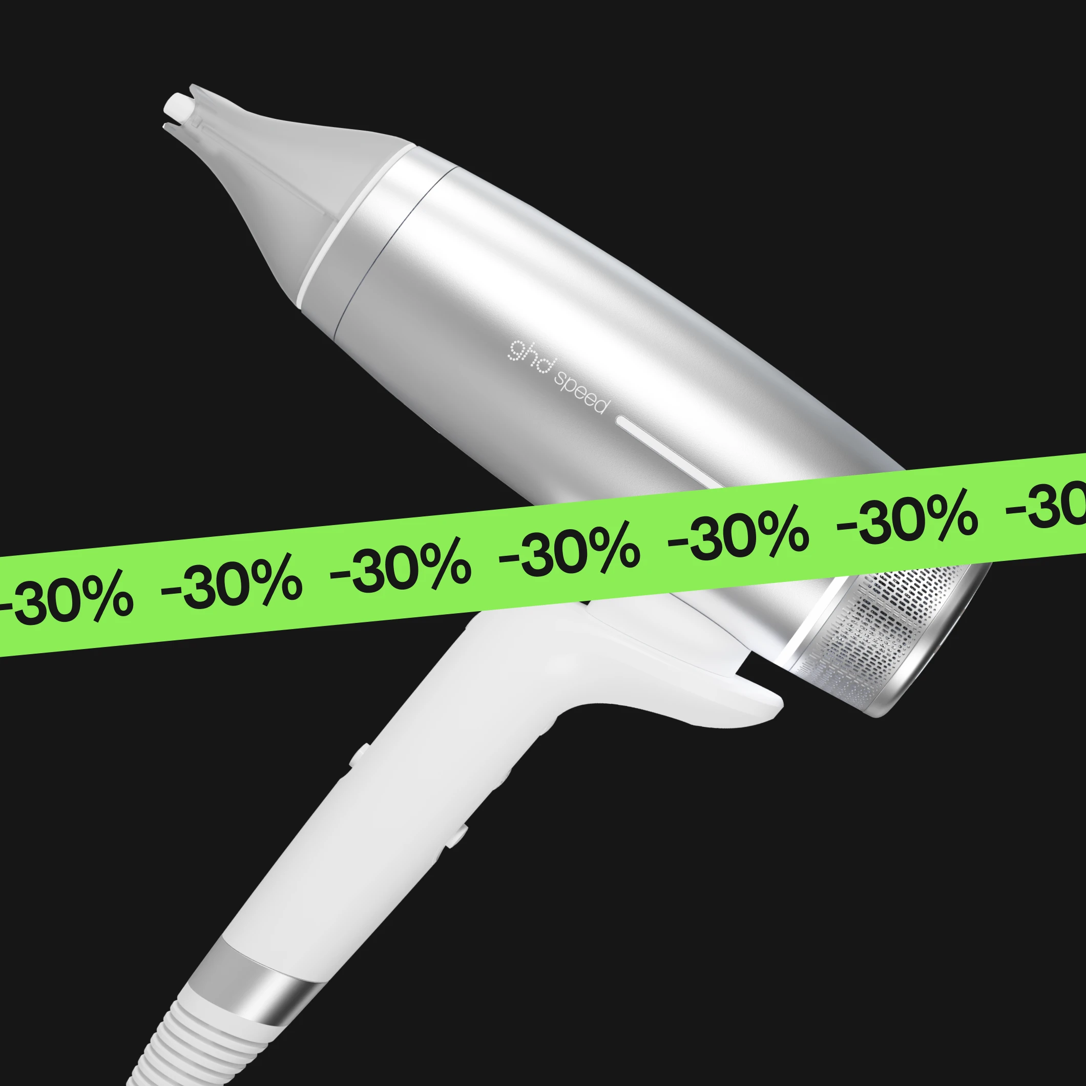 ghd-hiustenkuivaaja hopeisena suuttimella mustaa taustaa vasten, tuotteessa teksti "ghd speed" sekä vihreä nauha toistuvalla tekstillä "25%".