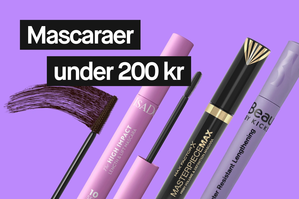Teksten “Mascaror under 200 kr” vises sammen med flere mascaraer og en mascarabørste med produkt.