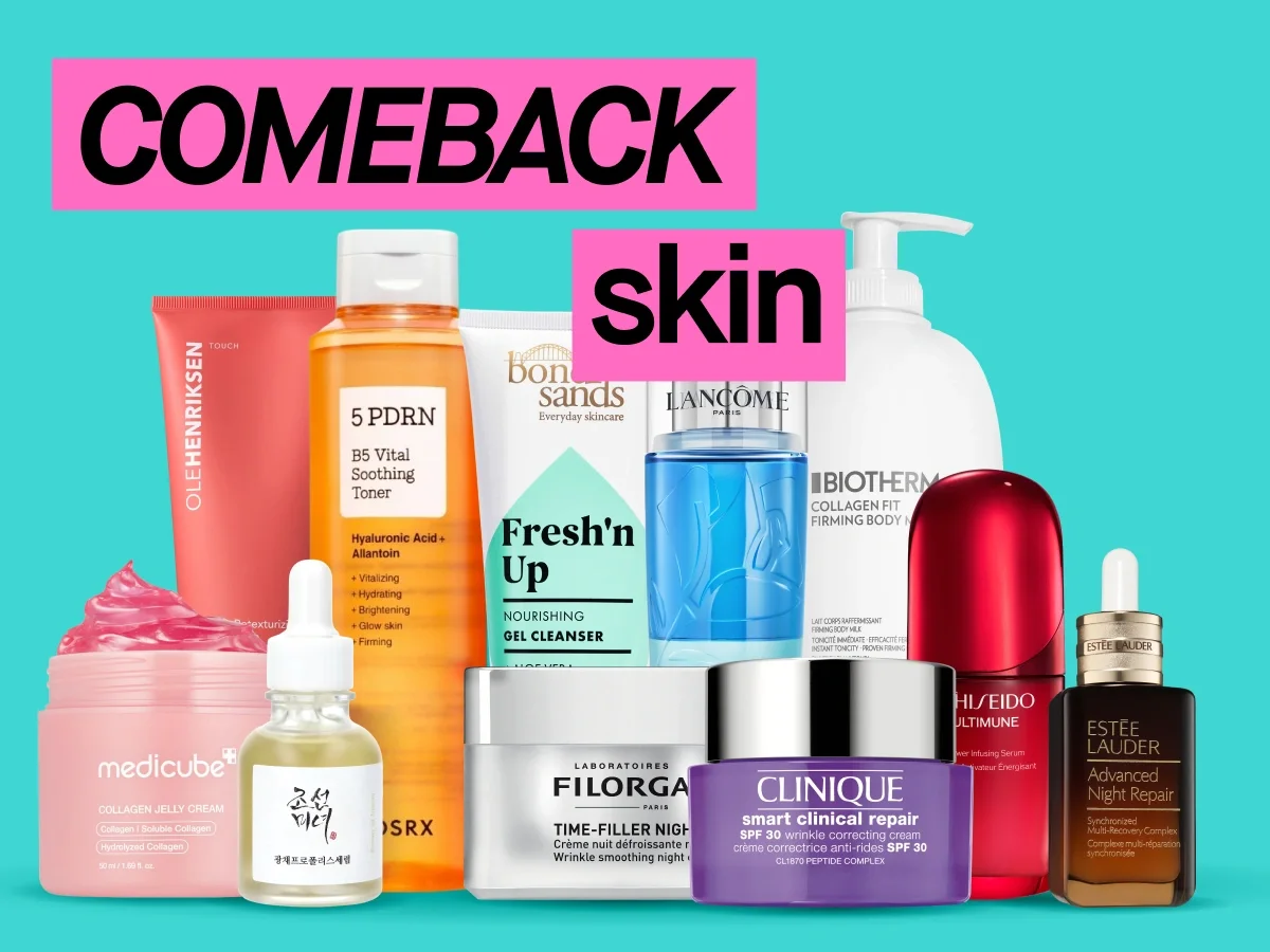 Turkis kampanjebilde med teksten "COMEBACK skin". Flere hudpleieprodukter vises, blant annet Ole Henriksen Touch Retexturizing Body Scrub, COSRX 5 PDRN B5 Vital Soothing Toner, Bondi Sands Fresh'n Up Nourishing Gel Cleanser, Lancôme Bi-Facil, Biotherm Collagen Fit Firming Body Milk, Medicube Collagen Jelly Cream, Beauty of Joseon Glow Deep Serum, Filorga Time-Filler Night 5XP, Clinique Smart Clinical Repair SPF 30, Shiseido Ultimune og Estée Lauder Advanced Night Repair.