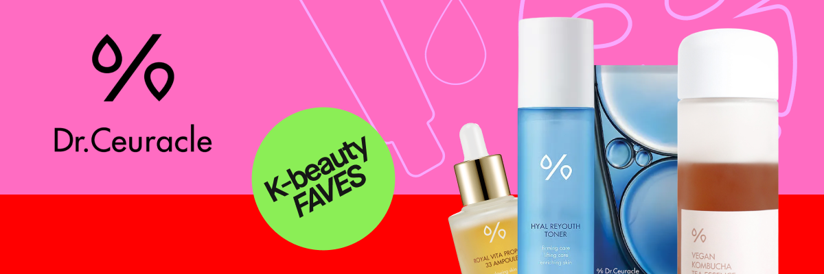 Dr.Ceuracle hudvård med serum, toner och essence visas mot rosa bakgrund med texten "Dr.Ceuracle" och en grön cirkel med "K-beauty FAVES". Produkterna inkluderar "Royal Vita Propolis 33 Ampoule", "Hyal Reyouth Toner" och "Vegan Kombucha Tea Essence".