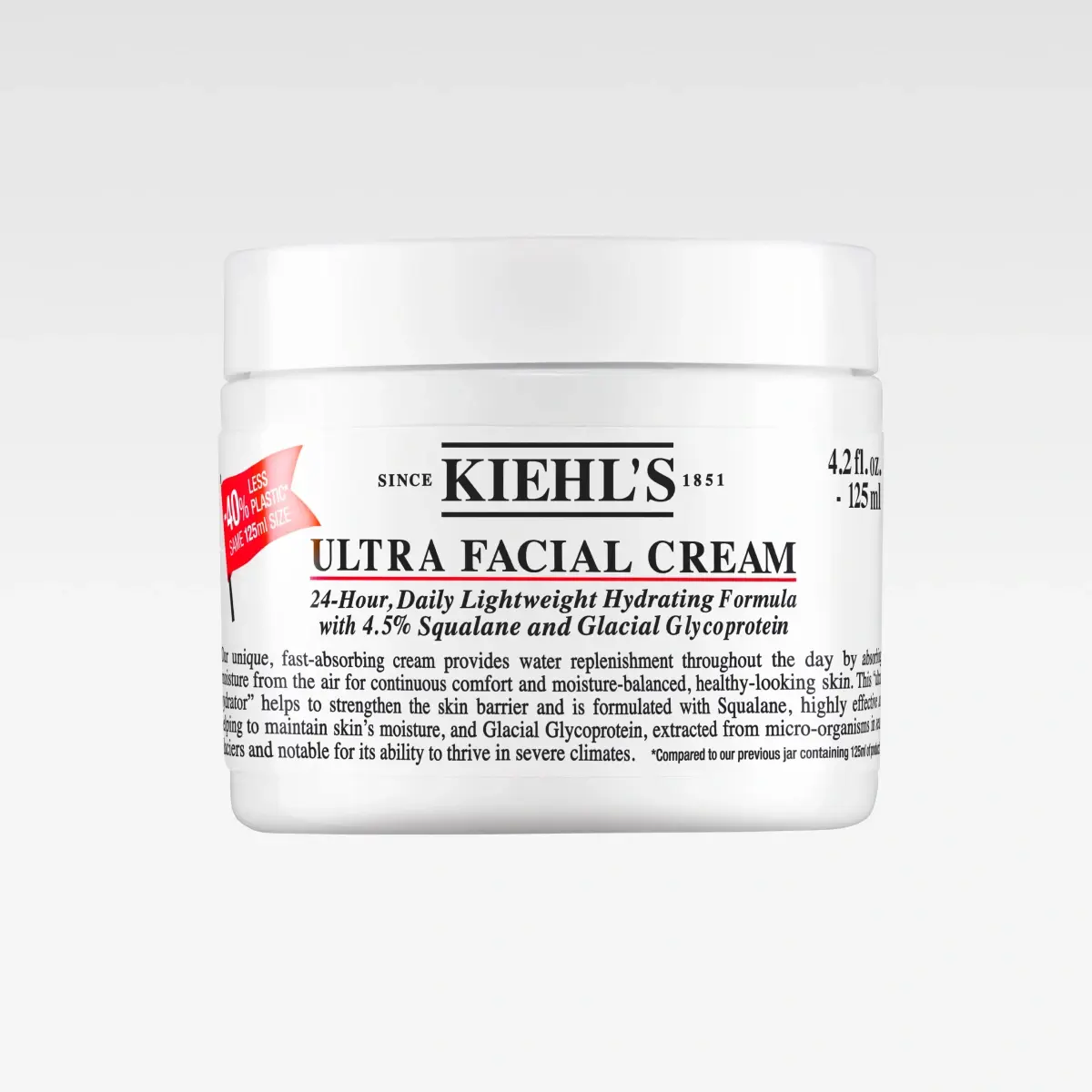 Hvit krukke med Kiehl’s Ultra Facial Cream, tekst “Since 1851”, “24-Hour Daily Lightweight Hydrating Formula with 4.5% Squalane and Glacial Glycoprotein” samt “4.2 fl. oz / 125 ml” og merking “Less 40% plastic”.