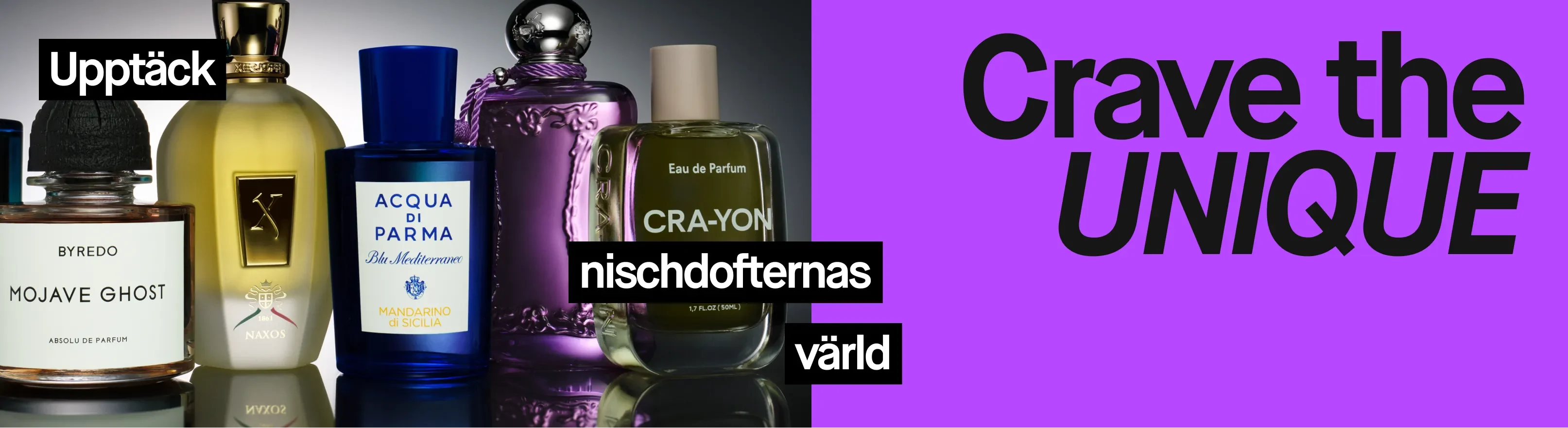 En samling av exklusiva nischparfymer inklusive Byredo Mojave Ghost, Xerjoff Naxos, Acqua di Parma Blu Mediterraneo Mandarino di Sicilia, och CRA-YON Eau de Parfum. Texten "Upptäck nischdofternas värld" och "Crave the UNIQUE" visas på bilden.