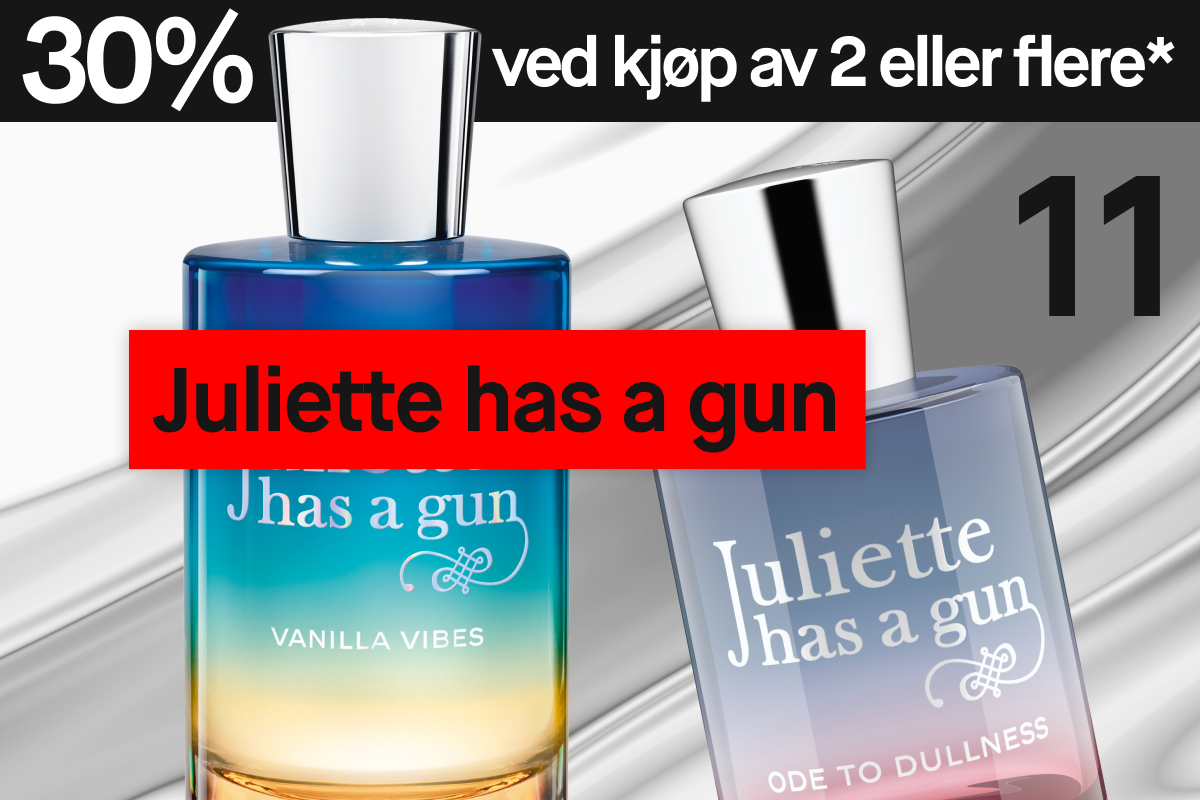 To parfymeflasker fra Juliette Has a Gun – Vanilla Vibes og Ode to Dullness – mot metallisk bakgrunn med “30% ved kjøp av 2”.