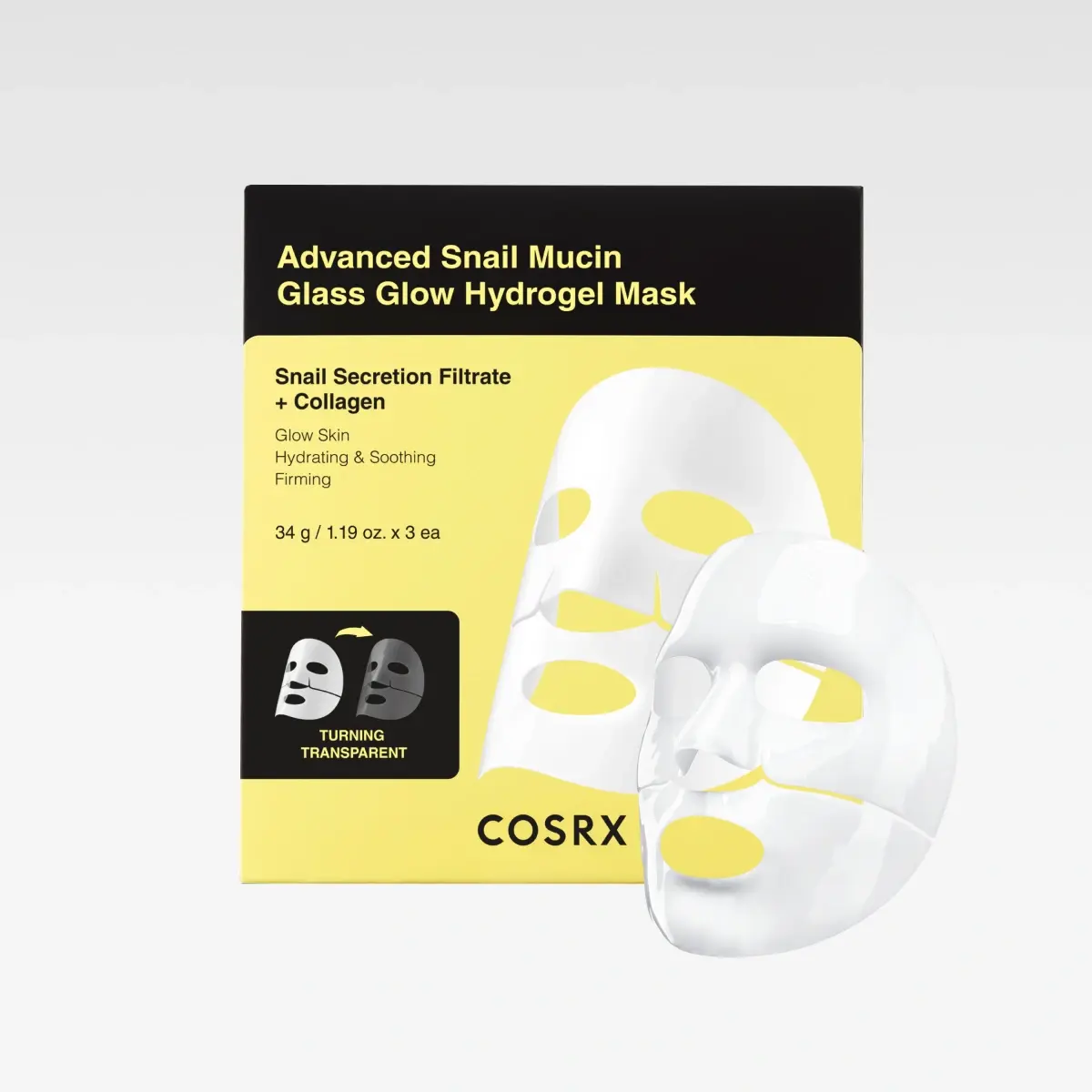 Förpackning av COSRX Advanced Snail Mucin Glass Glow Hydrogel Mask med texten “Snail Secretion Filtrate + Collagen”, “Glow Skin Hydrating & Soothing Firming”, “34 g / 1.19 oz. x 3 ea” och ikon “Turning Transparent”.