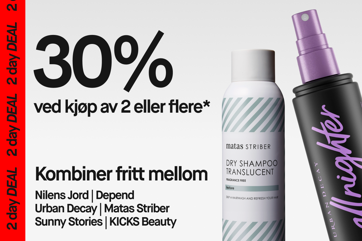Kampanjgrafikk med teksten “30% ved kjøp av 2 eller flere” og “Miks fritt fra Nilens Jord, Urban Decay, ACO, Depend, Matas Striber, Sunny Stories og KICKS Beauty”, sammen med ACO Gentle Cleanse Oil og Urban Decay All Nighter Setting Spray mot en lys bakgrunn.