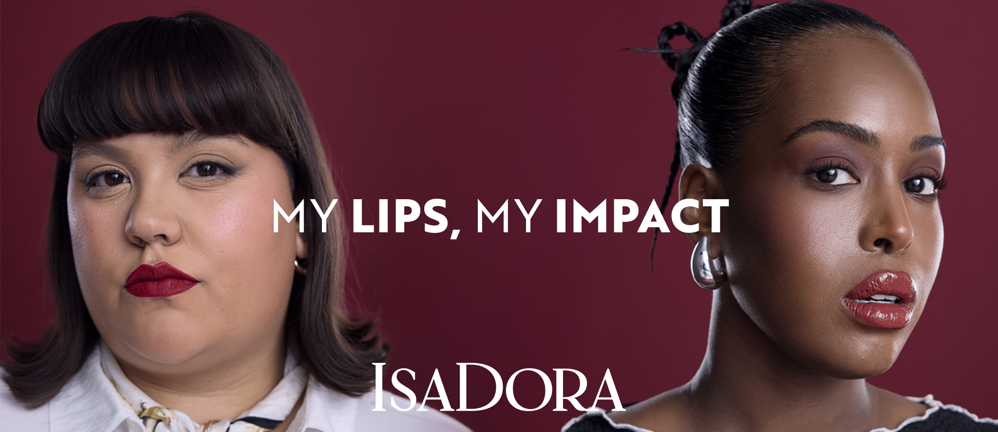 IsaDora kampanjbild med två modeller som bär rött läppstift, smink mot vinröd bakgrund med texten “My Lips, My Impact”.