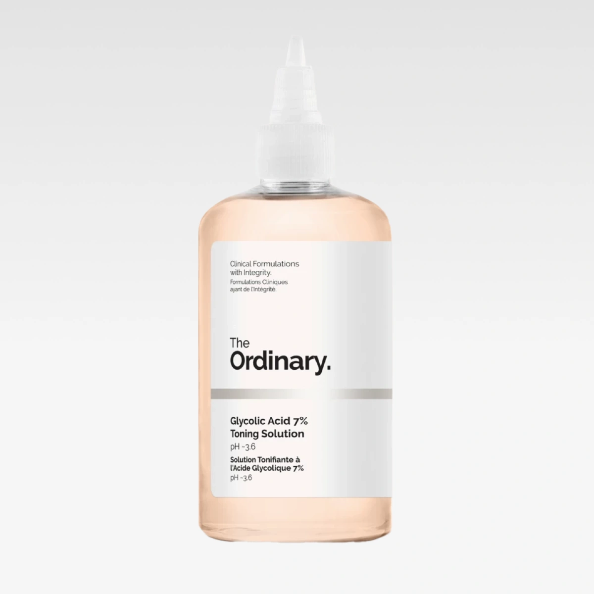 Flaske med The Ordinary Glycolic Acid 7% Toning Solution, tekst “pH 3.6” og “Clinical Formulations with Integrity”.