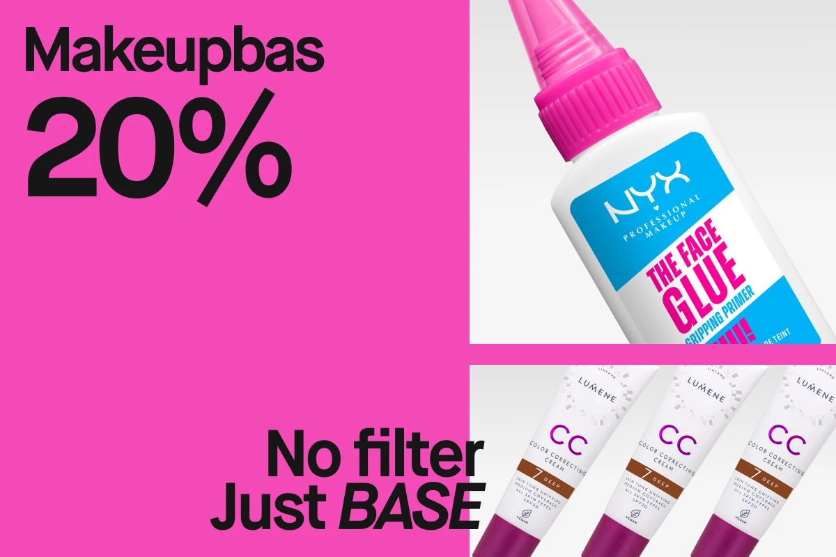 Reklam för sminkprodukter med 20% rabatt. Bilden visar NYX Professional Makeup The Face Glue Gripping Primer och Lumene CC Color Correcting Cream. Texten lyder 'Makeupbas 20%' och 'No filter, Just BASE'.