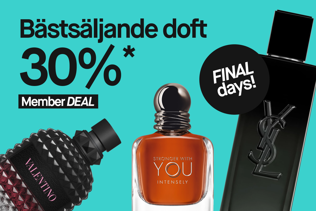 Bild som visar en reklam för en kampanj med 30% rabatt på bästsäljande dofter. Erbjudandet gäller för medlemmar och är märkt med "Member DEAL". Texten "Bästsäljande doft 30%" och "Member DEAL" är synliga. Det finns också en rosa cirkel med texten "So ICONIC". Tre parfymflaskor är synliga: en från Valentino, en från Stronger With You Intensely, och en från Yves Saint Laurent. Bakgrunden är blå.
