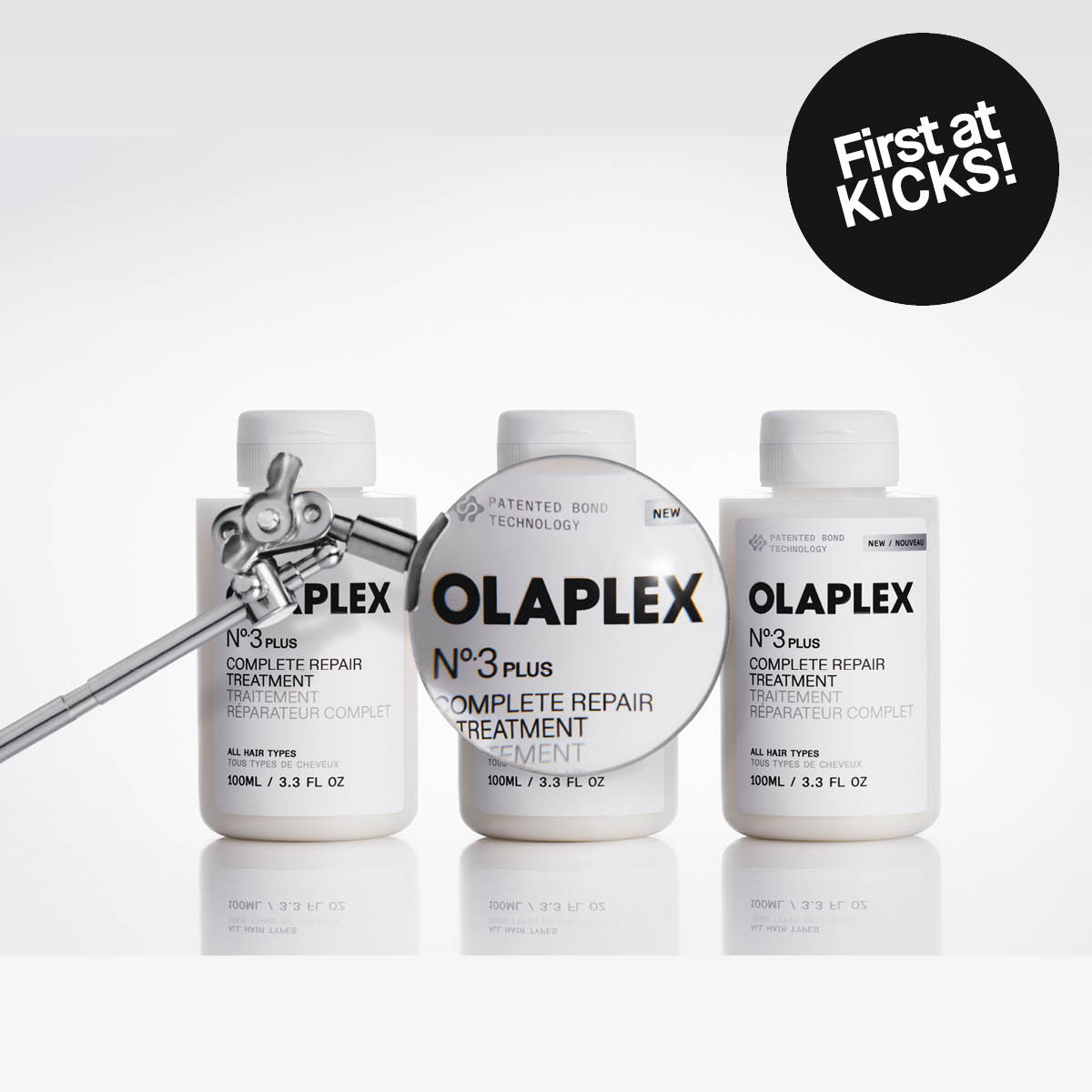 Olaplex No.3 Plus hårbehandlingsprodukter på lys bakgrunn.