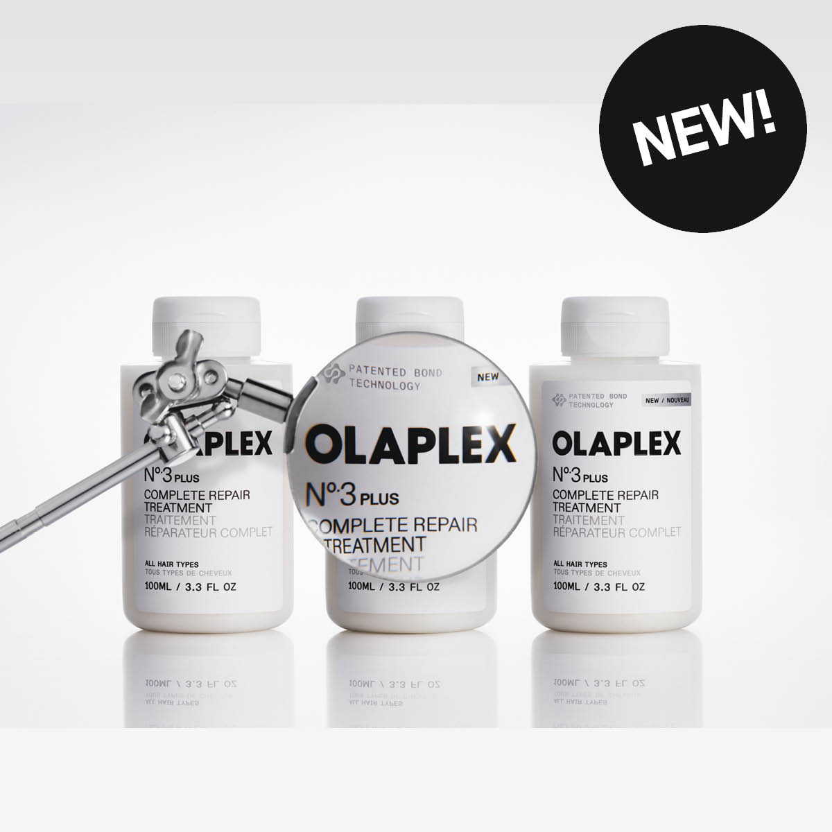 Olaplex No.3 Plus -hiustenhoitotuotteita vaalealla taustalla.