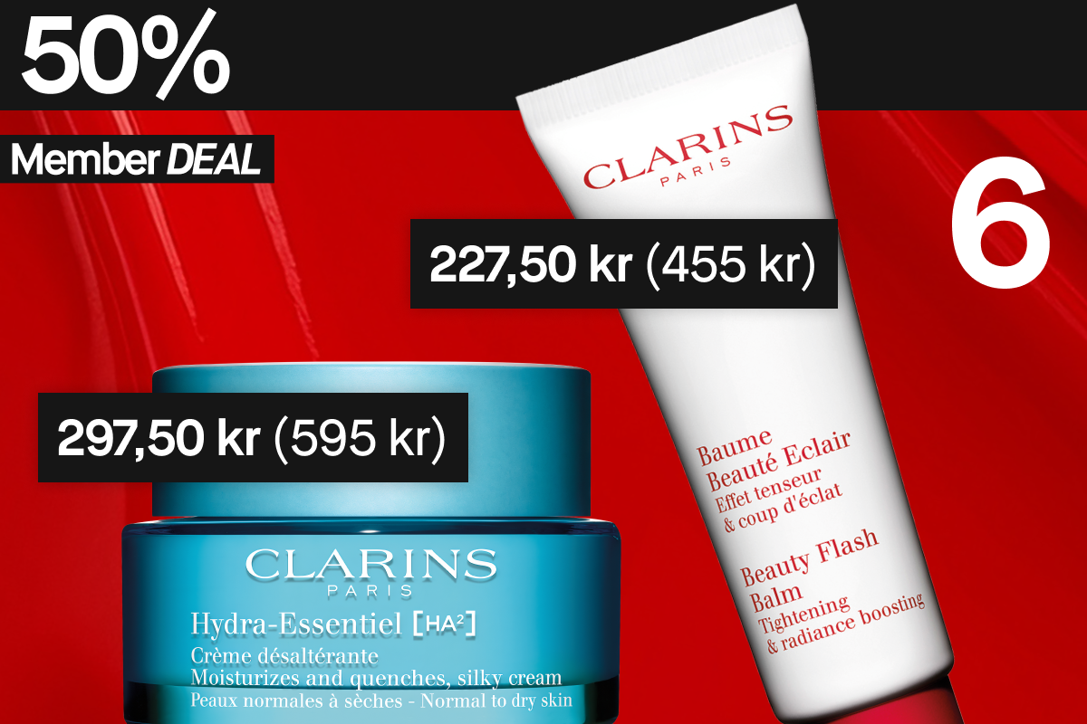 50 % rabatt på dessa två Clarins-produkter för medlemmar: Hydra-Essentiel återfuktande silkeslen kräm och Beauty Flash Balm.