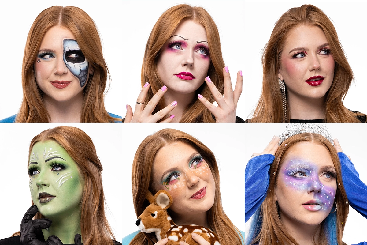 Sex olika makeuplooker visas på samma person, inklusive en halvskelettlook, en dockinspirerad rosa look, en glamorös röd läppmakeup, en grön fantasylook, en hjortinspirerad look med prickar och en galaxlook i lila och blå toner.