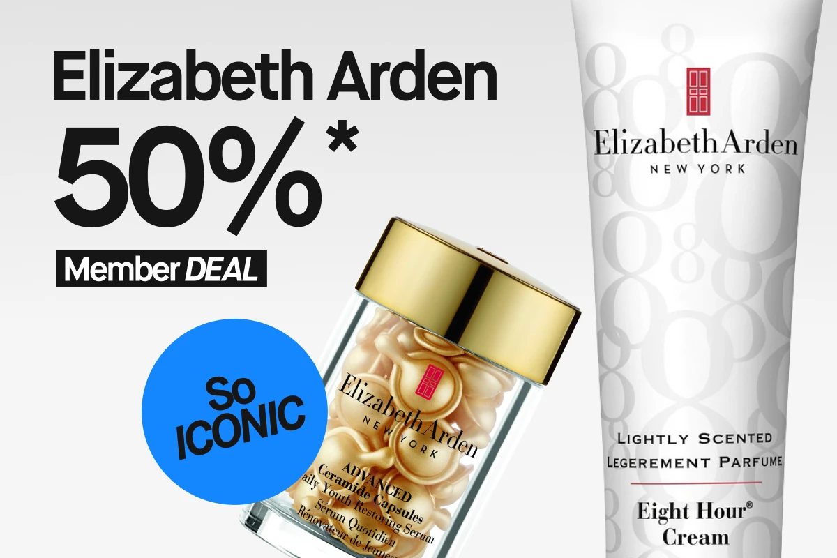 Kampanjegrafikk med teksten “Elizabeth Arden 50%* Member DEAL”, “So ICONIC” i en blå sirkel og bilde av Advanced Ceramide Capsules og Eight Hour Cream.
