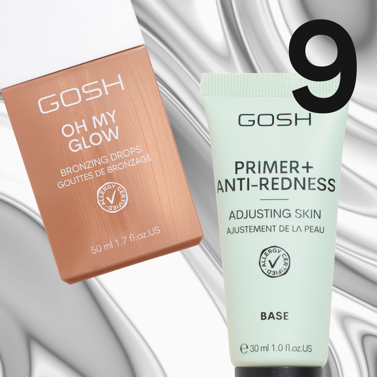 Bilde som viser en brun flaske med GOSH Oh My Glow Bronzing Drops og en grønn flaske med GOSH Primer+ Anti-Redness. Bakgrunnen er grå med hvite detaljer.