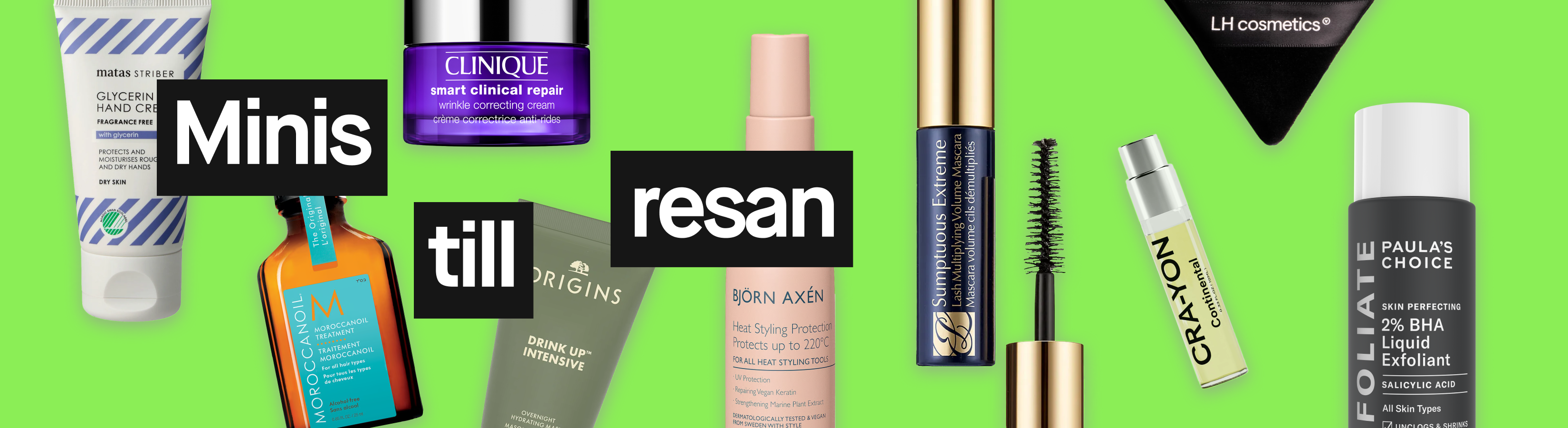 Skönhetsprodukter i resestorlek mot grön bakgrund med texten “Minis till resan”, som Matas Striber Glycerin Hand Cream, Clinique Smart Clinical Repair, Moroccanoil Treatment, Origins Drink Up Intensive, Björn Axén Heat Styling Protection, Estée Lauder mascara, Crayon Continental och Paula’s Choice 2% BHA Liquid Exfoliant.