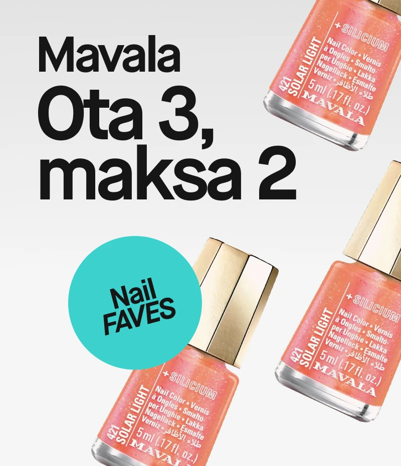 Kuva, jossa lukee "Mavala Ota 3, maksa 2" vaalealla taustalla. Kuvassa kolme Mavala Solar Light -kynsilakkapulloa, joissa on kultainen korkki. Yhdessä pullossa on sininen ympyrä, jossa lukee "Nail FAVES".