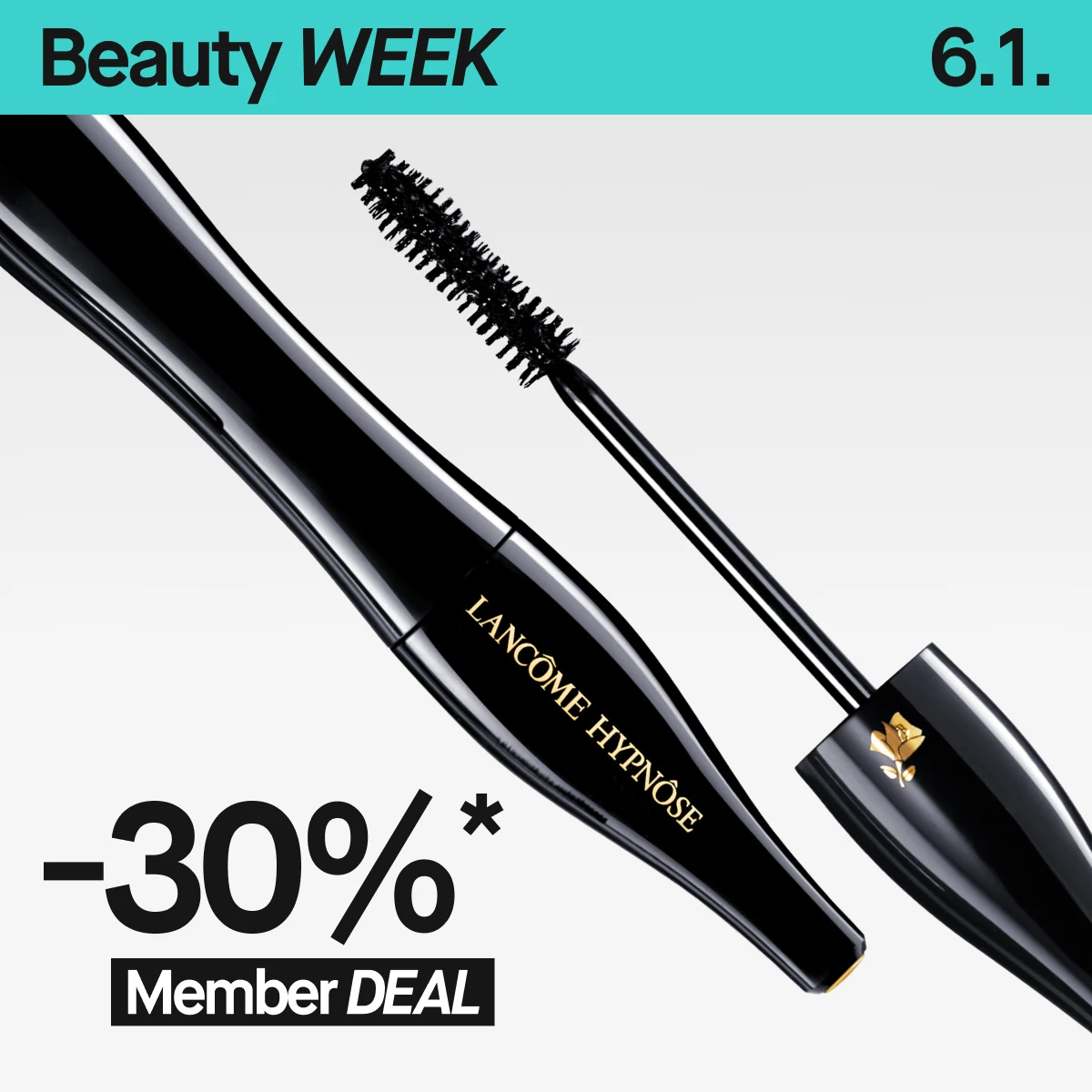 Kuvassa on turkoosi yläbanneri tekstillä ”Beauty WEEK” ja päivämäärällä ”6/1”. Sen alla näkyy suuri lähikuva Lancôme Hypnôse -ripsiväristä vaalealla taustalla, harja ja hylsy selkeästi esillä.