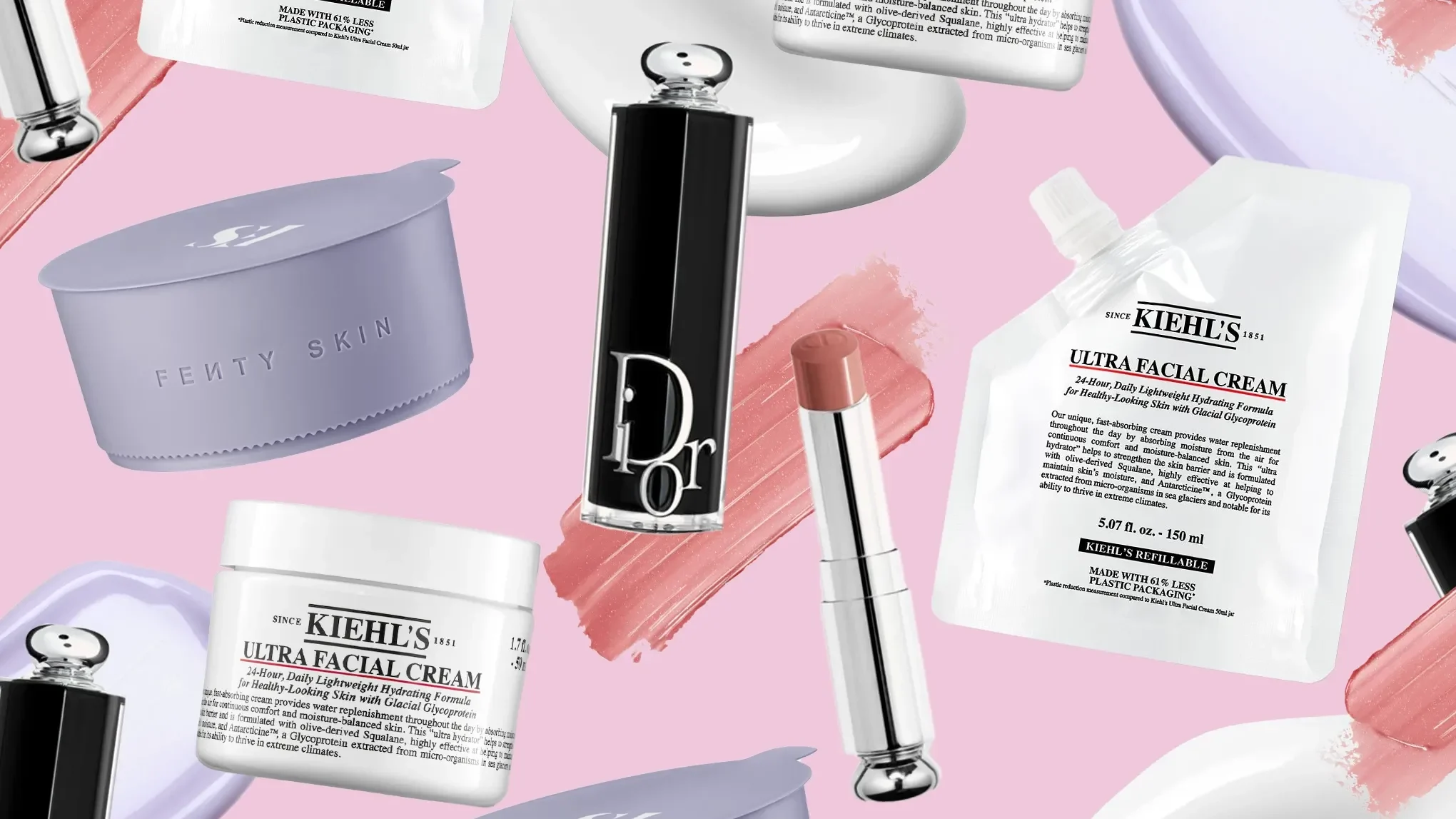 Hudpleie- og skjønnhetsprodukter fra merker som Kiehl’s, Dior og Fenty Skin mot en rosa bakgrunn.