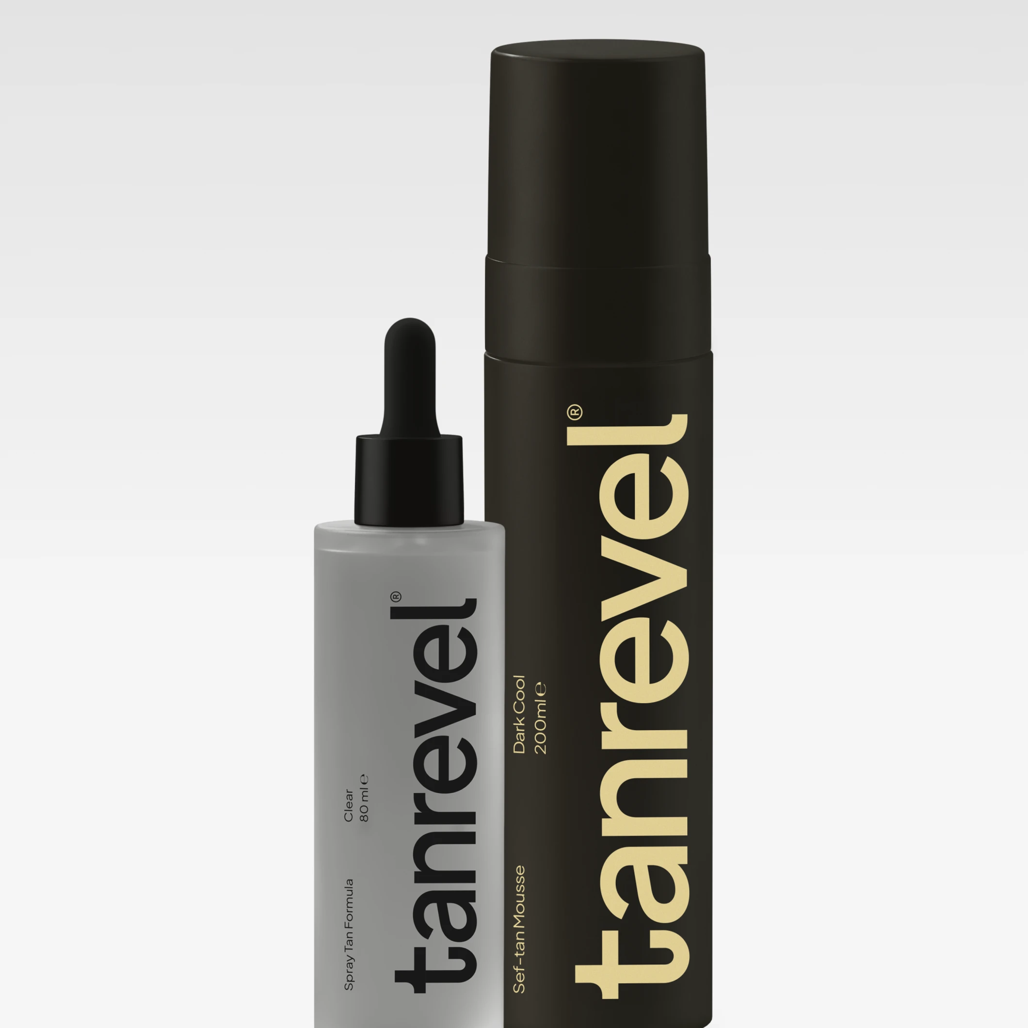 Tanrevel Spray Tan Formula Clear 80 ml och Tanrevel Self-Tan Mousse Dark Cool 200 ml.